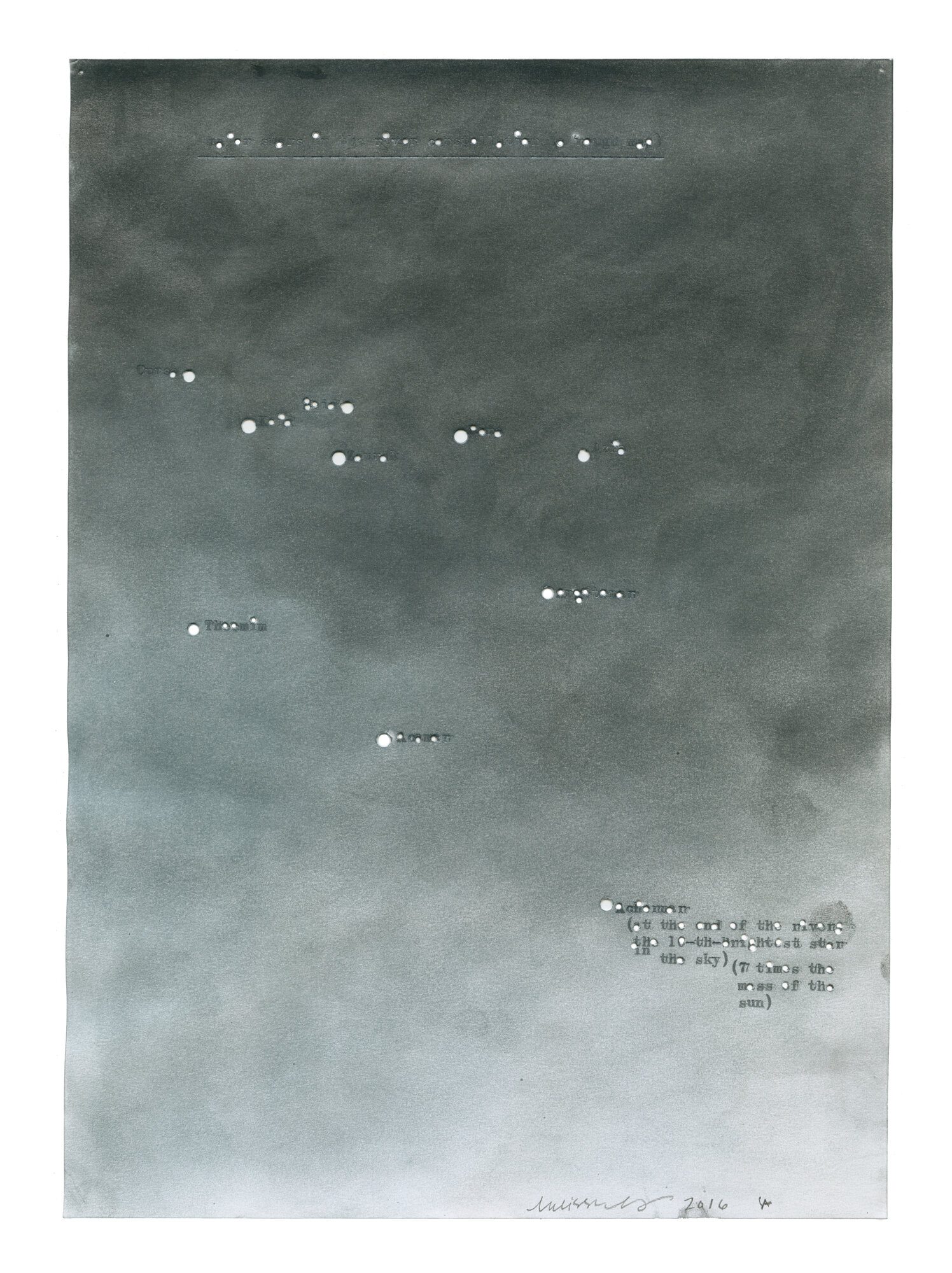   Major stars in the river Constellation (a rough map) , 2016 pastel on typewritten paper in collaboration with Sam Anderson 11.5 × 8 inches (29 × 20 cm) 