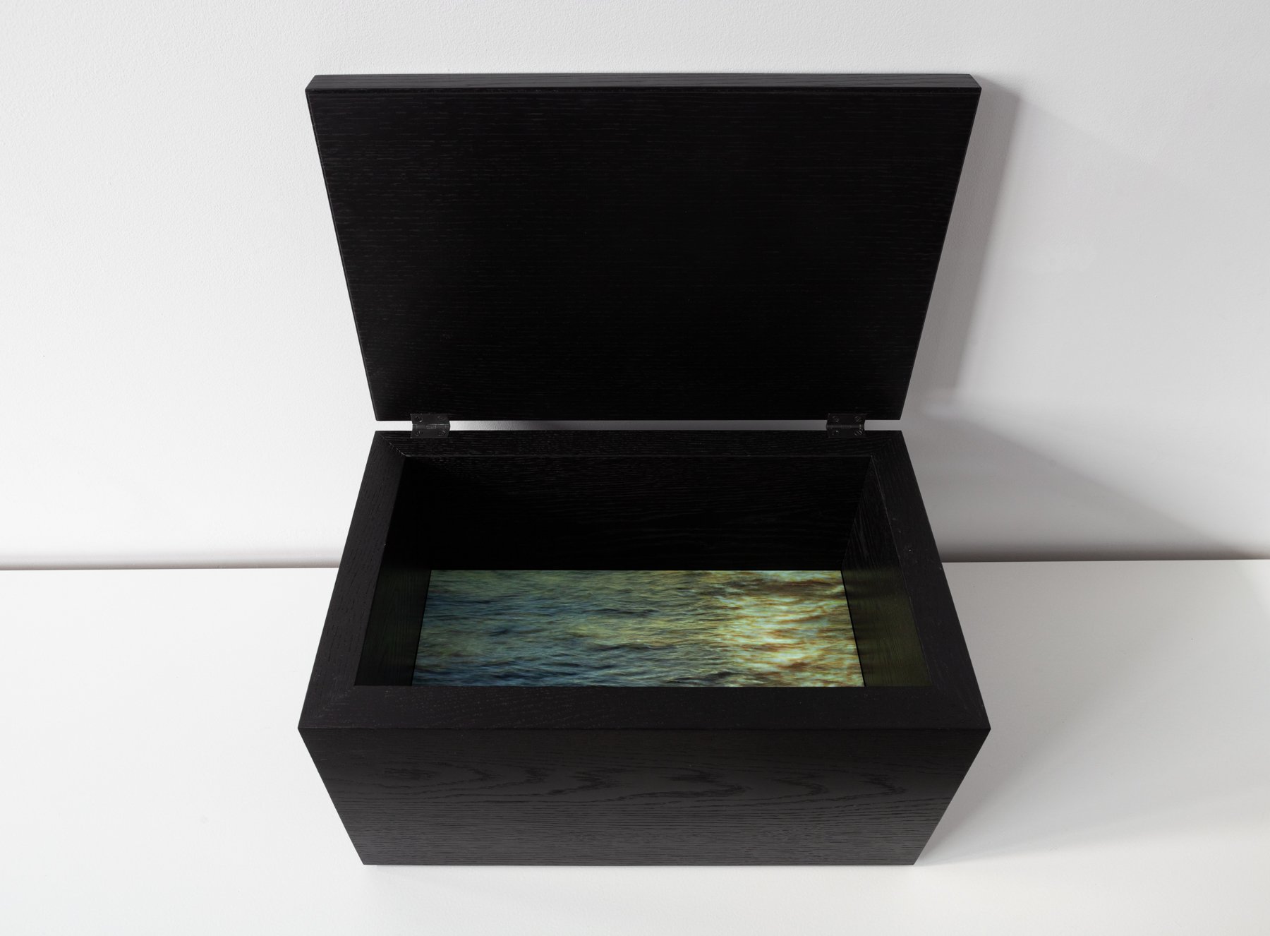   Box of Waves (Hudson River) , 2021 blackened oak, brass, digital video and electronic components 11 × 17.5 × 10 inches (28 × 44.5 × 25.5 cm) Edition of 3 plus II AP 