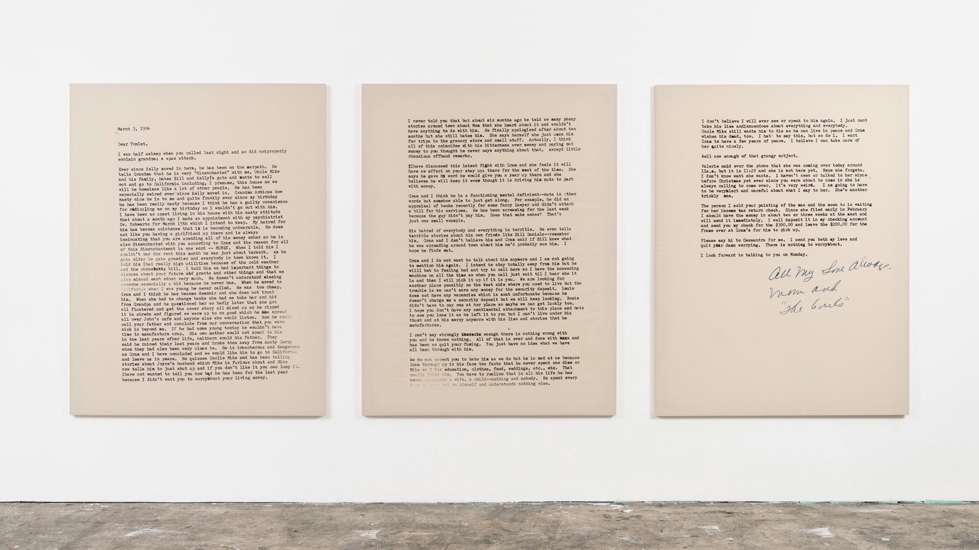   Letter (March 3, 1994),  2019 graphite, resin and funerary ash on muslin 78 × 60 inches (198 × 152.5 cm), each 