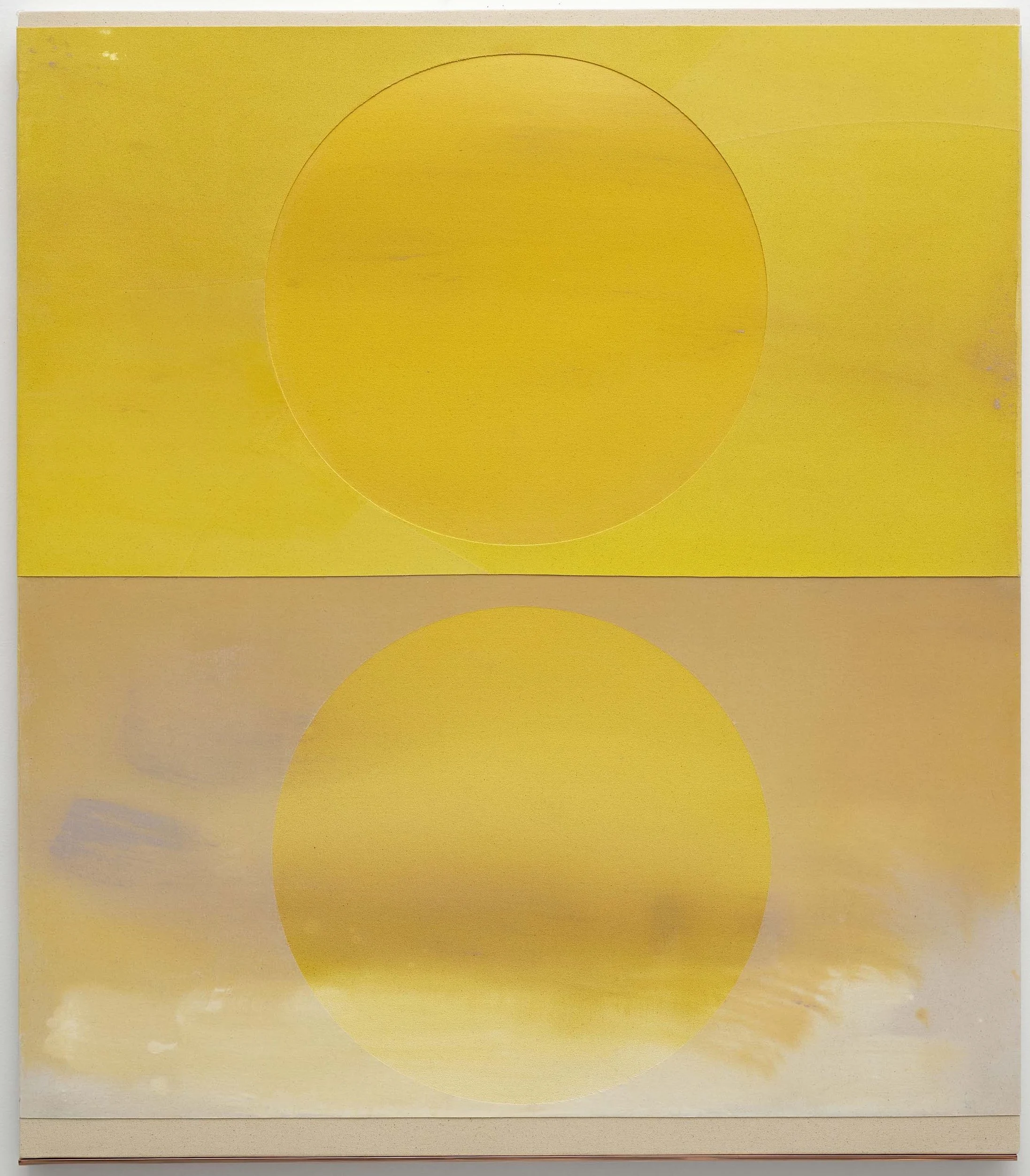   Cut Double Sun (Yellow Glow) , 2026 mixed media on cut canvas with copper plated elements 48 × 42 inches (122 × 106.5 cm) 