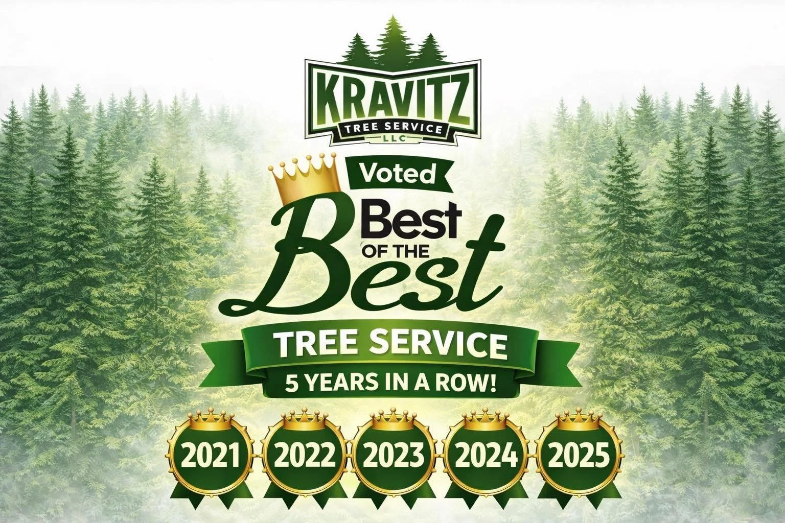 A graphic celebrating Kravitz Tree Service LLC's five-year streak of being voted best tree service from 2021 to 2025, featuring a green pine forest background, a crown symbol, and five medals with the years 2021 through 2025.