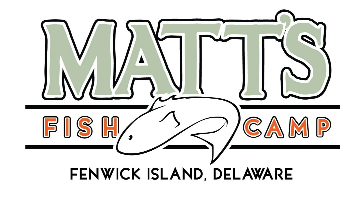 Logo for Matts Fish Camp on Fenwick Island, Delaware, featuring stylized text, a fish illustration, and color accents.