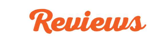 Text reading 'Reviews' in orange cursive font with a black background