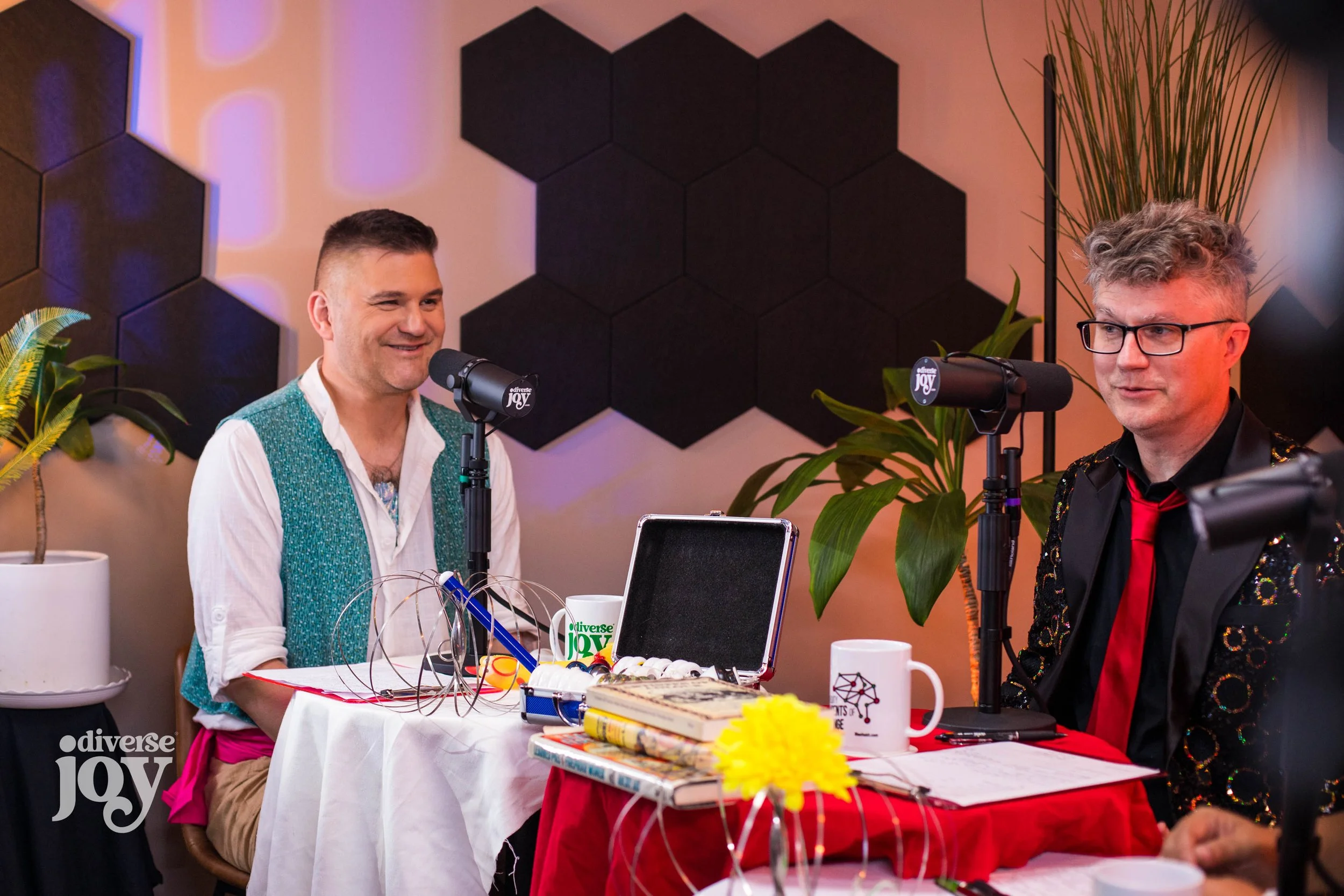 Entertainer Mark Hayward (right) while guesting on Diverse Joy podcast hosted by Dr William T L Cox (left) and Dr Amber Nelson (not pictured)