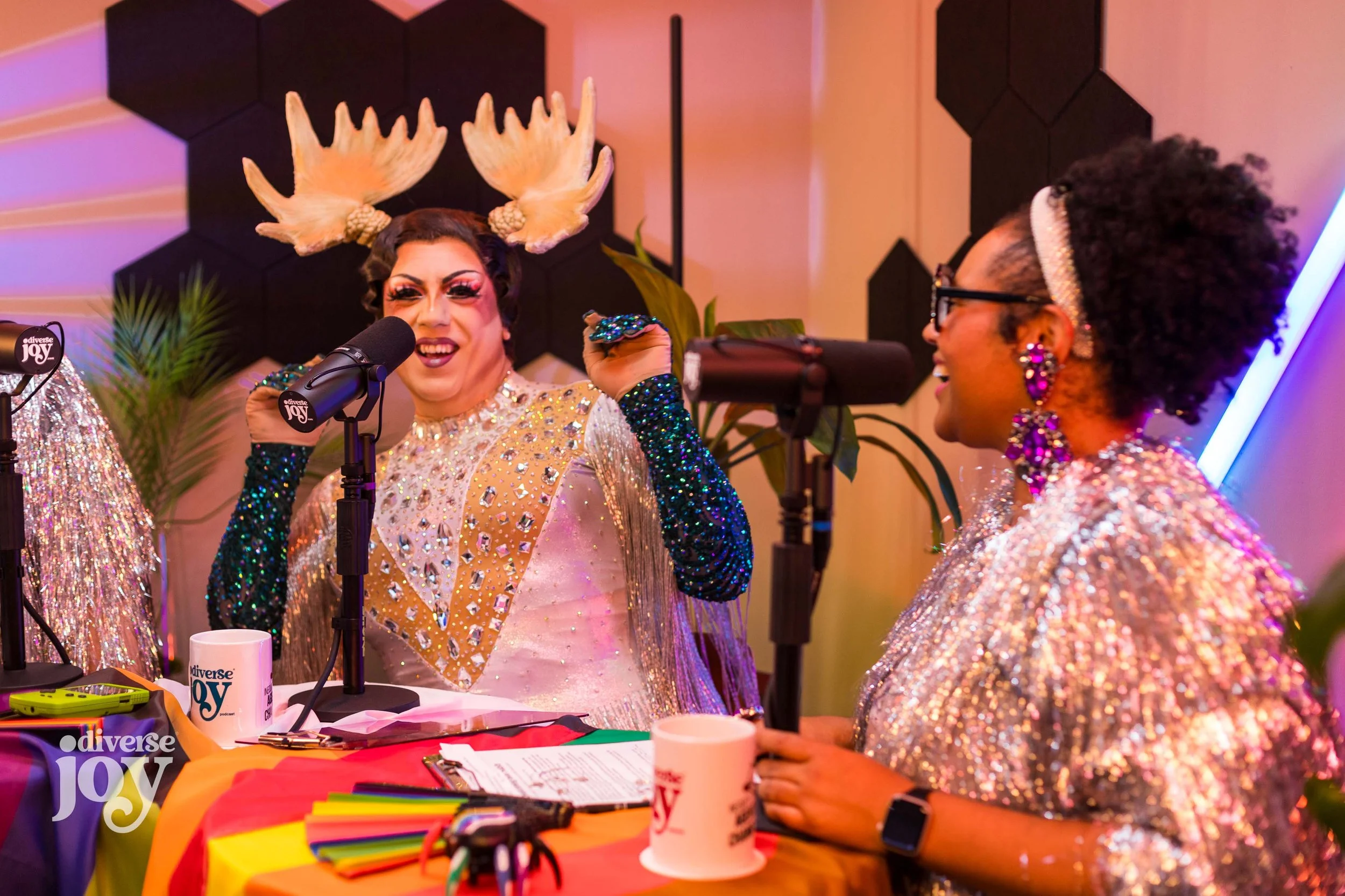 Drag legend Cynthia Mooseknuckle and Dr. Amber Nelson during a recording session of Diverse Joy Podcast