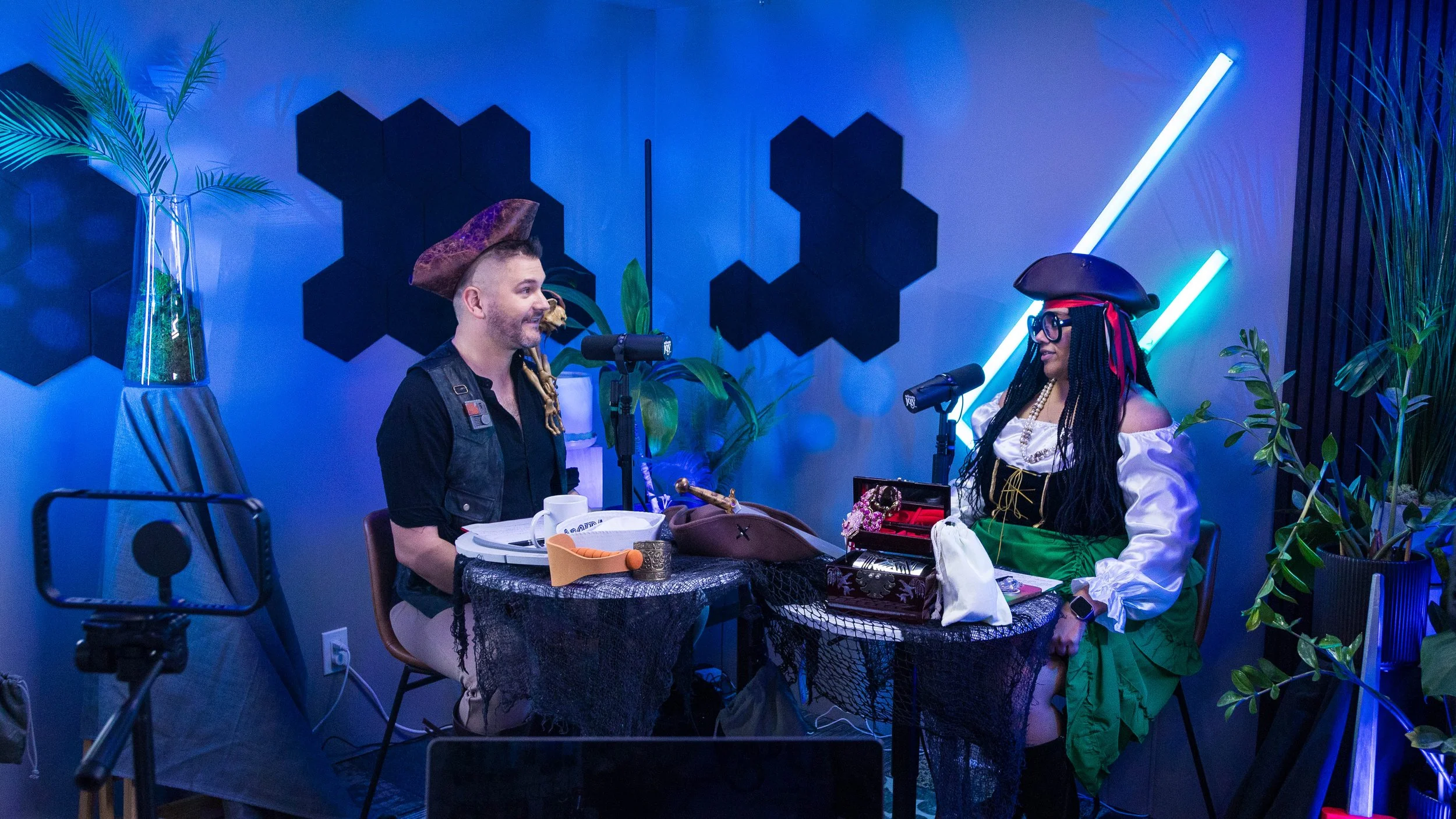 A mid-record still of Will and Amber, dressed for International Pirate Month