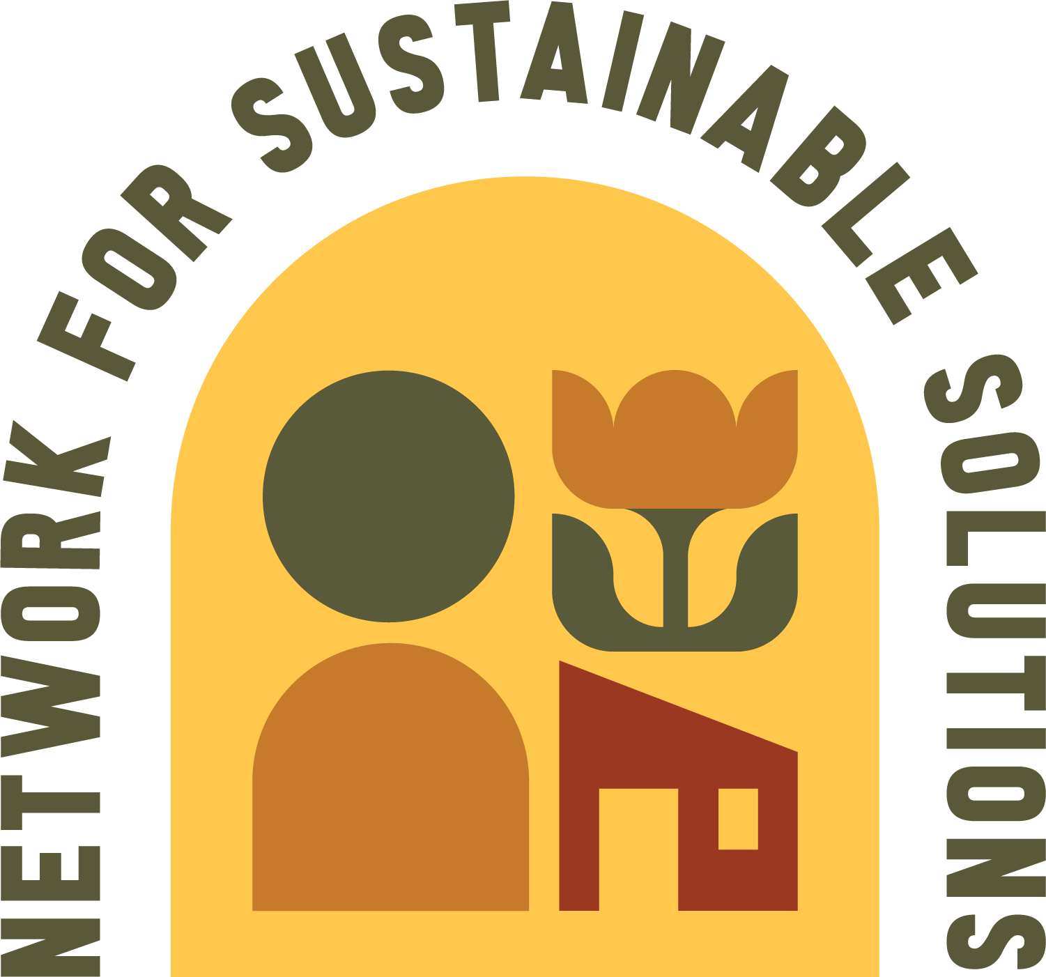 Logo with a stylized person, a flower, and a house, surrounded by the text "Network for Sustainable Solutions" in a circular pattern.