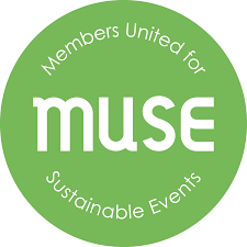 Green circular logo with white text that reads 'Members United for sustainable Events' and the word 'muse' in the center.