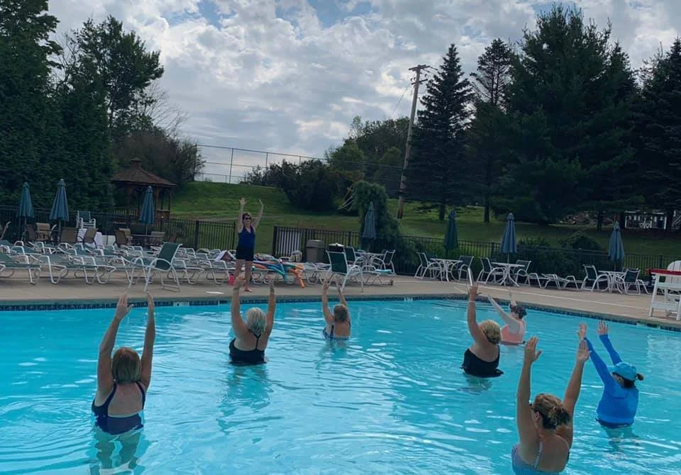 Participants during Aqua Yoga class with Jaya Yoga at Glen Oak Country Club in Clarks Summit, Pennsylvania.