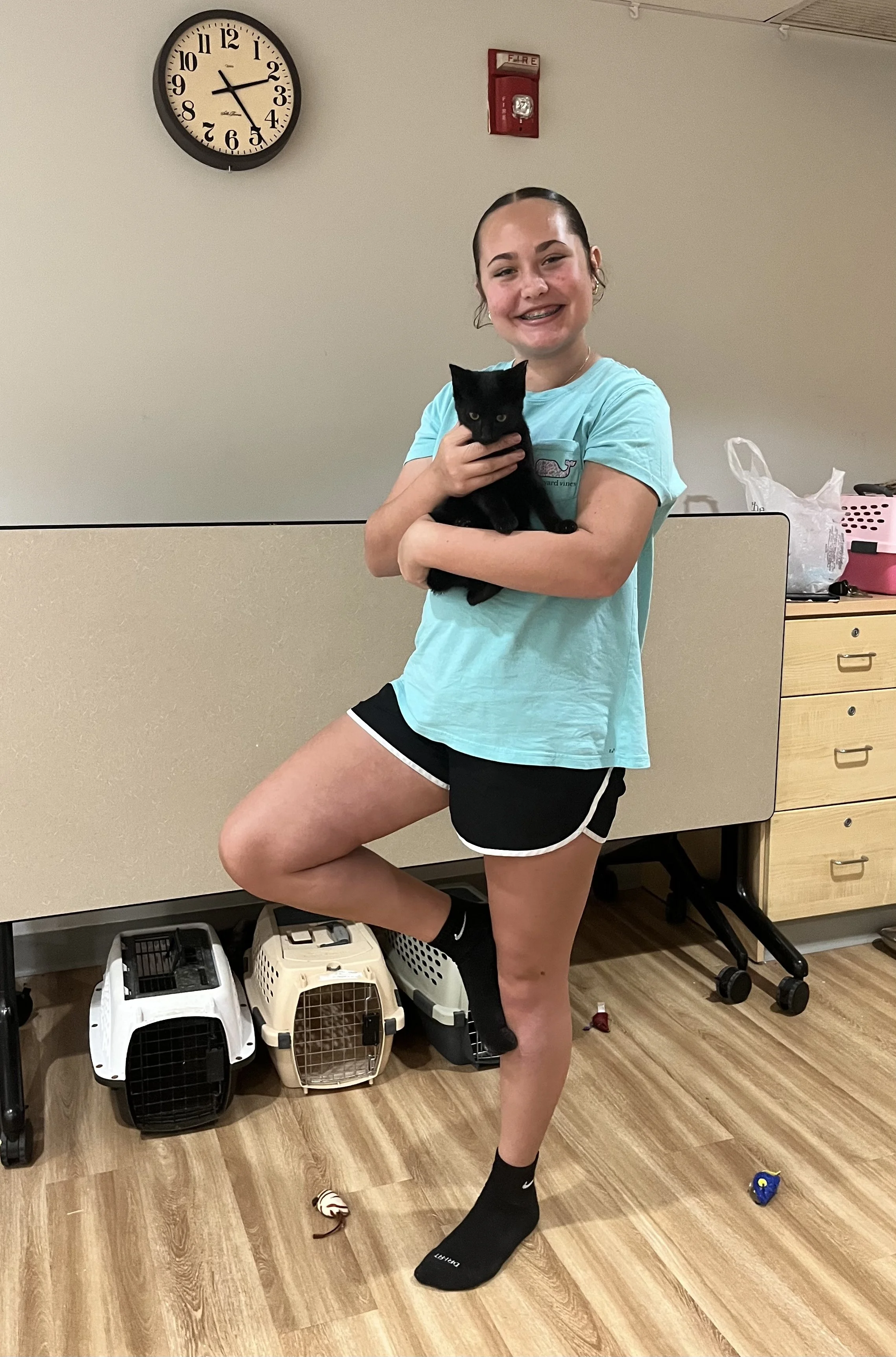 Tree pose gets a feline twist! A young yogi from Jaya Yoga Studio demonstrates  “Cat in a Tree Pose” during Cat Yoga with rescue cats from KitKat Mission at the Abington Community Library in Clarks Summit, Pennsylvania.