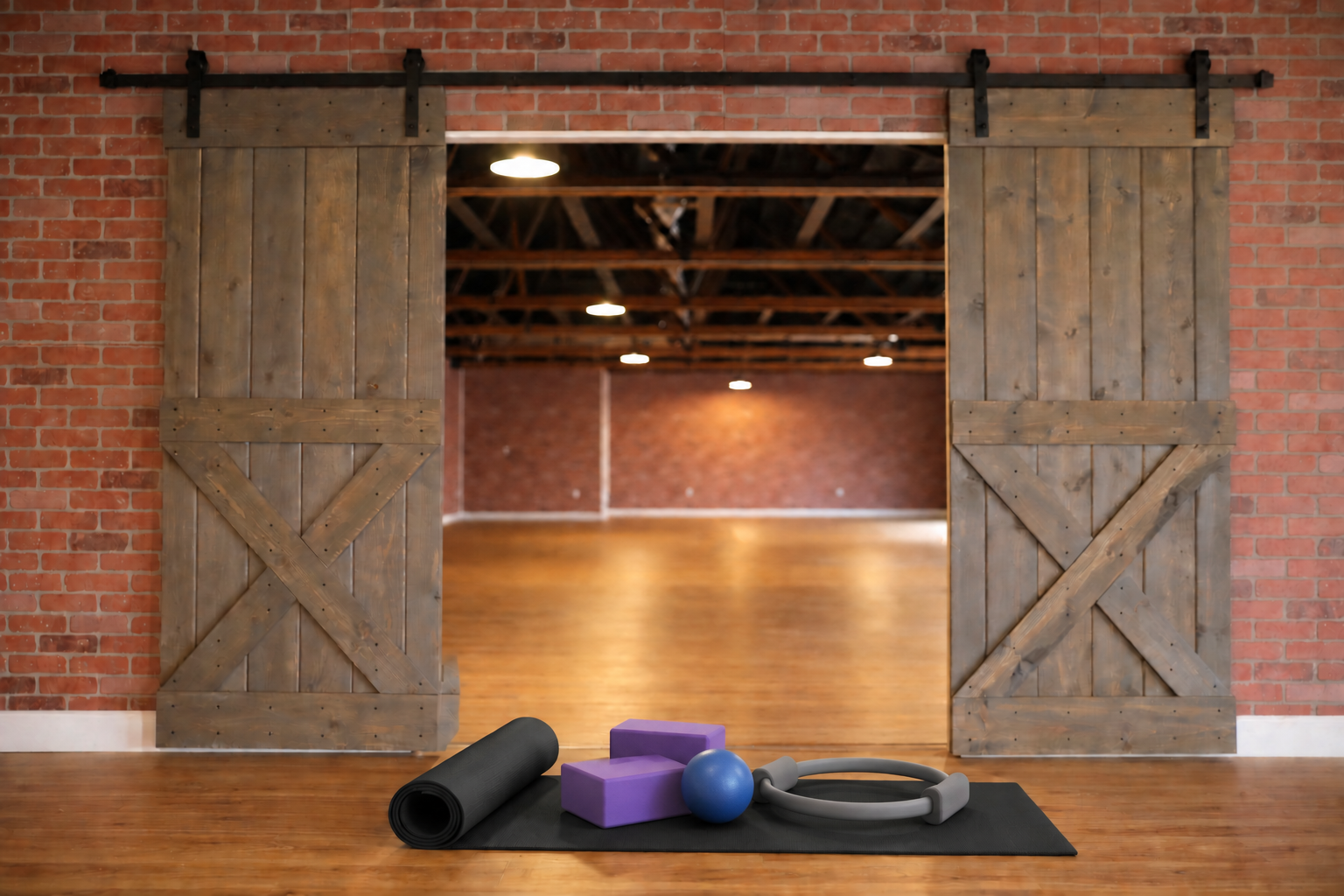 Black yoga mat, purple blocks, blue Pilates ball and gray Pilates ring in front of wooden barn doors at Jaya Yoga Studio in Clarks Summit, PA.