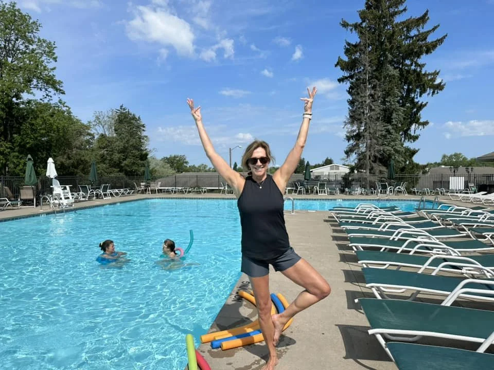 Instructor, Renea Egan in tree pose before Aqua Yoga session at Glen Oak Country Club in Clarks Summit, PA led by Jaya Yoga.
