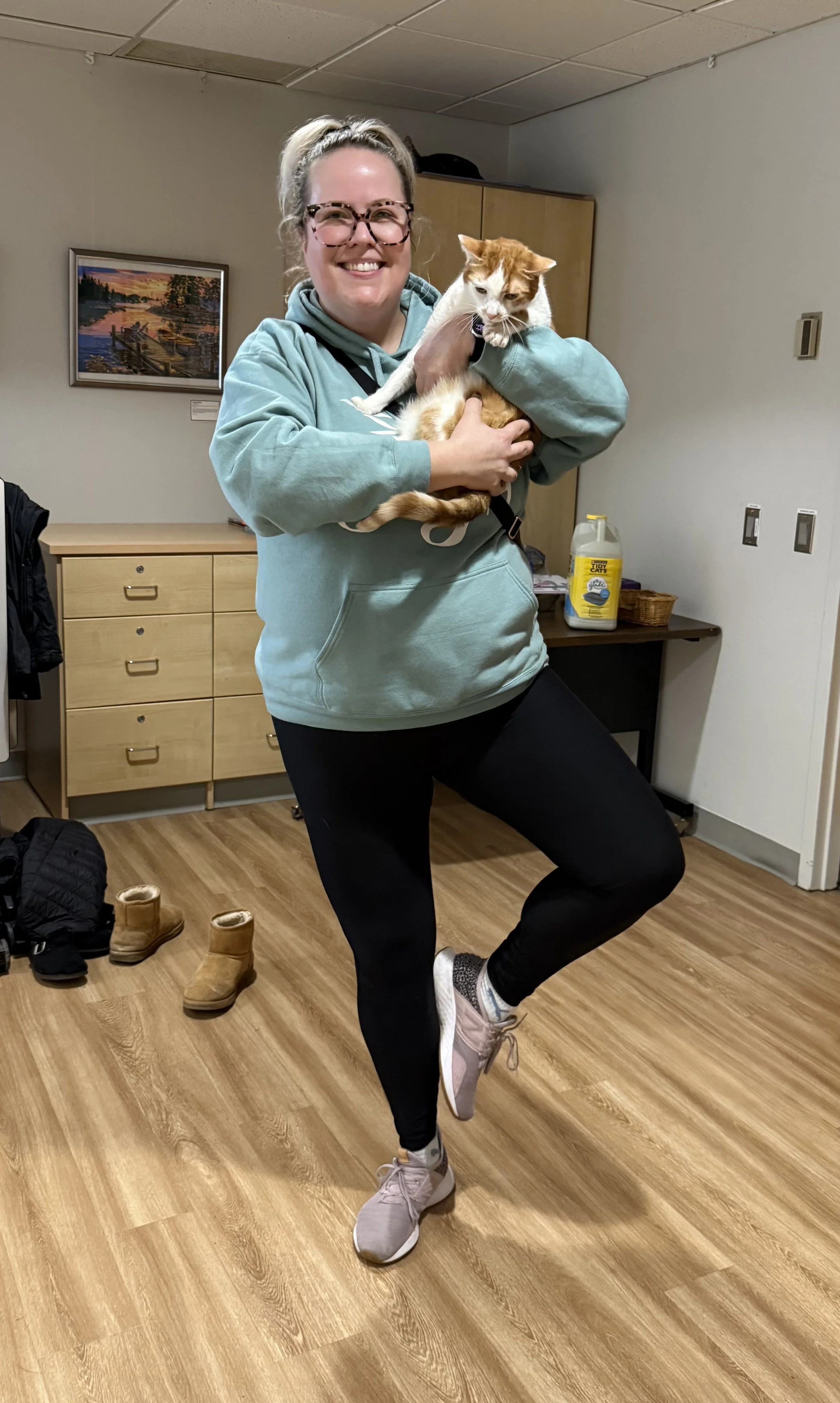A participant holds a rescue cat from KitKat Mission while practicing “Cat in a Tree Pose” during Cat Yoga at the Abington Community Library in Clarks Summit, Pennsylvania.