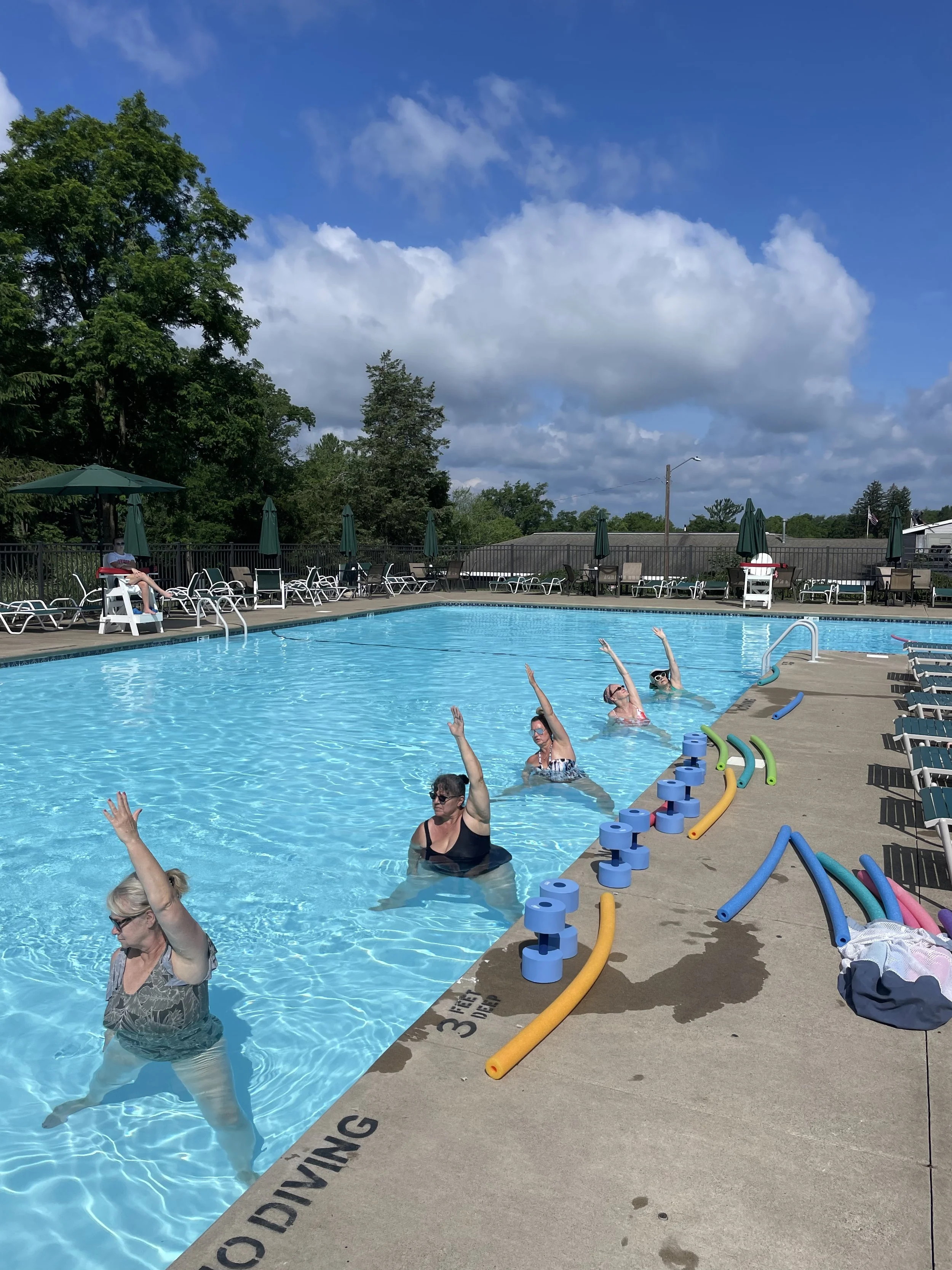 Outdoor pool yoga class at Glen Oak Country Club in Clarks Summit, PA with Jaya Yoga.