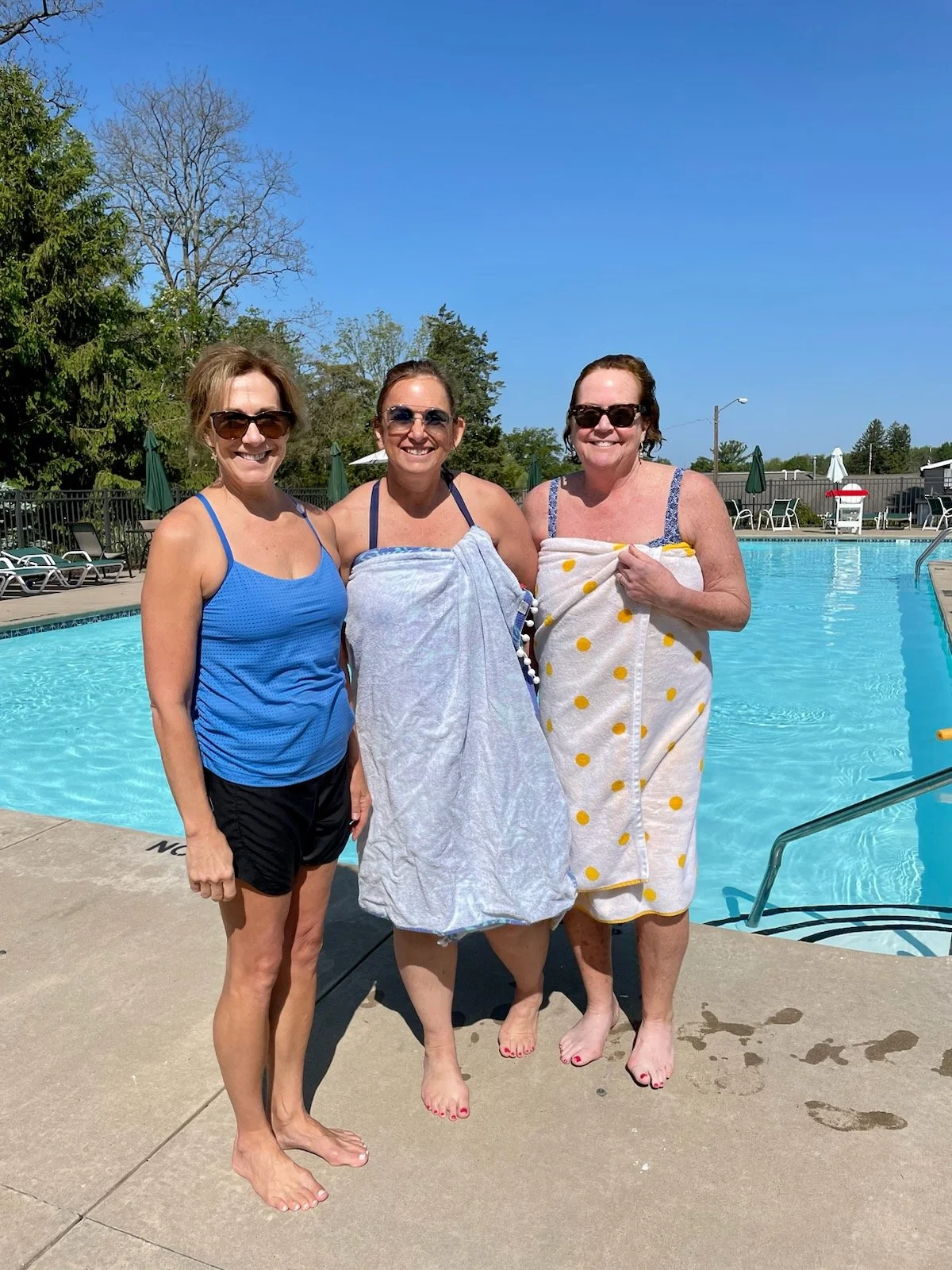 Participants smiling after Aqua Yoga with Jaya Yoga instructor at Glen Oak Country Club in Clarks Summit, Pennsylvania.