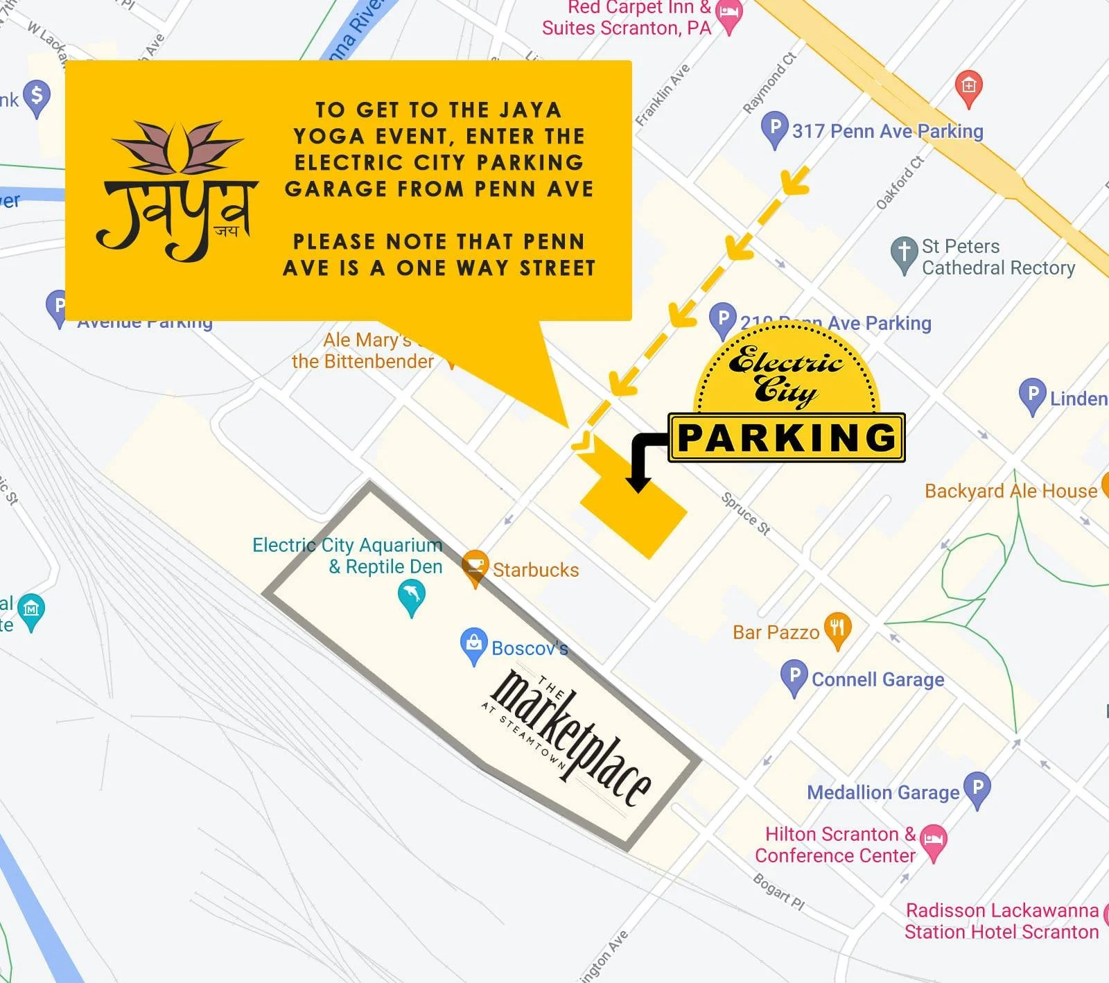 Map for Jaya Yoga Studio's annual Yoga on the Roof fundraiser in Scranton, Pennsylvania