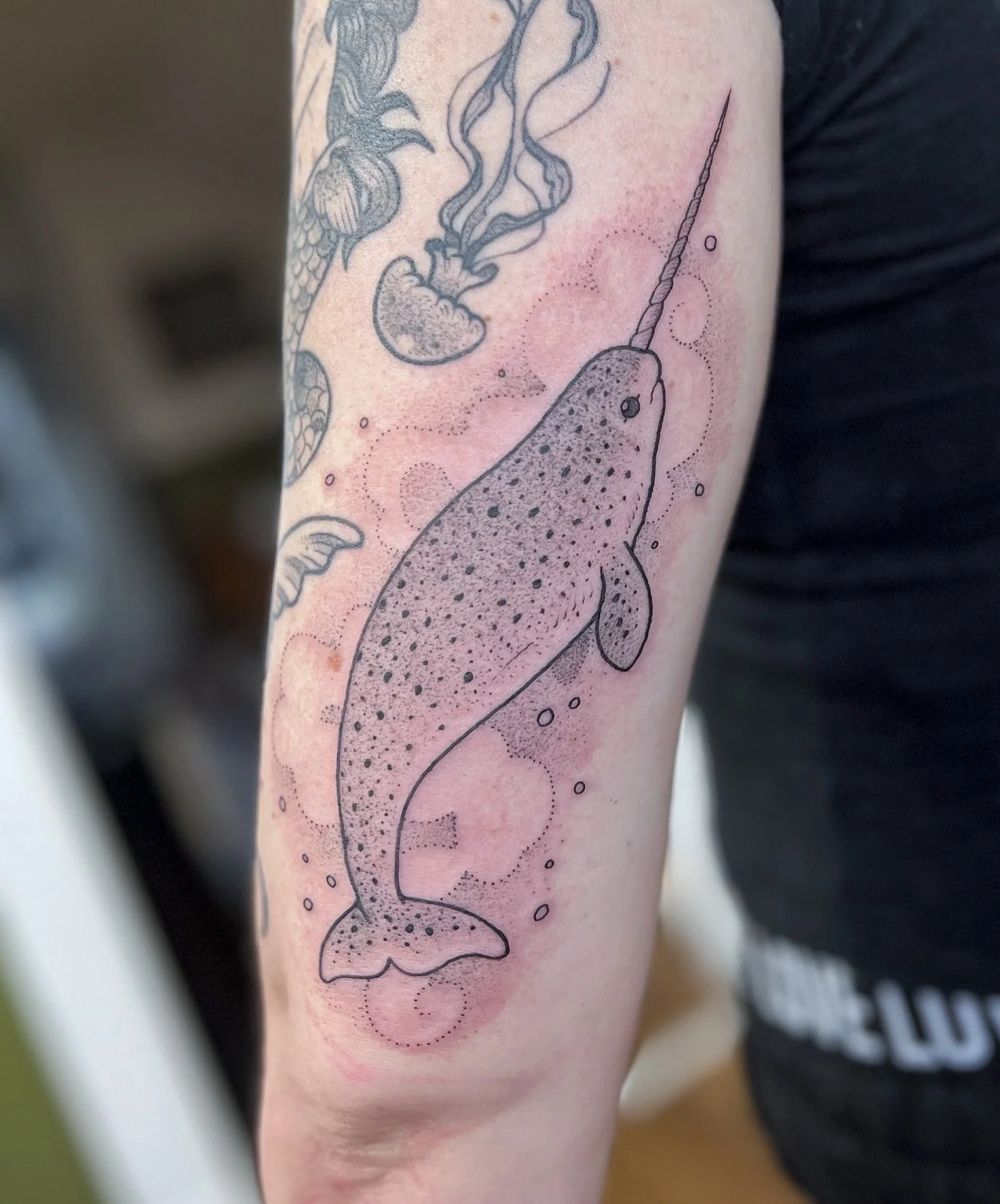 Another dreamy narwhal, this time for Sarah to fill a gap in the back of her arm! 

I always forget narwhals exist because they look so magical. The unicorns of the sea 🥹💖

✧ ✧ ✧ 

✶ BOOKS OPEN ✶
booking form in b!o
plantmole@gmail.com

(Booking No