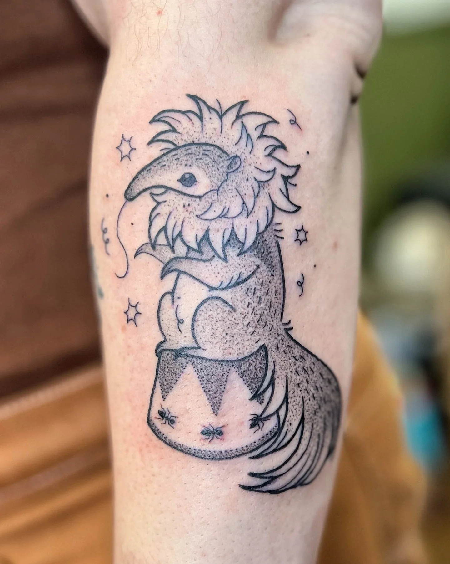 Anteater wearing a lion&rsquo;s mane for Emma! I love this silly little guy and he was so fun to tattoo 💖

Emma also brought me some homemade cinnamon focaccia that was soooo yummy. I love baked goods/food as tips 😭 I feel so spoiled 

Thanks again