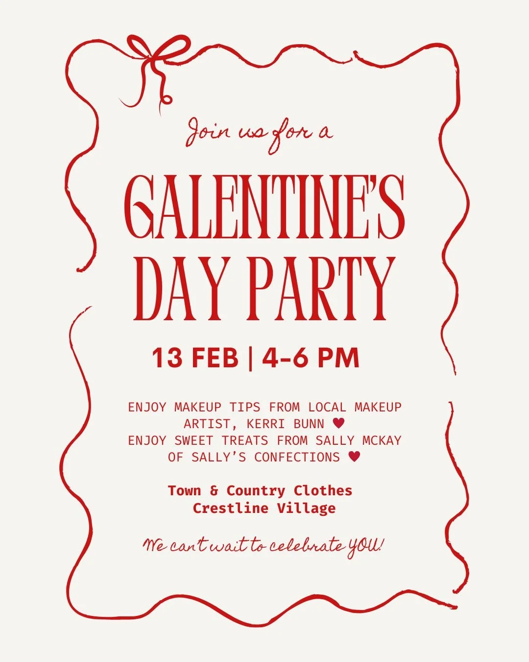 Join us for the sweetest Galentine&rsquo;s celebration 💕

Grab your girlfriends and meet us @townandcountrycrestline this Friday, February 13 from 4&ndash;6PM! 

✨ Sip while you shop the new spring arrivals🛍️
💄 Get beauty tips from Makeup Artist @