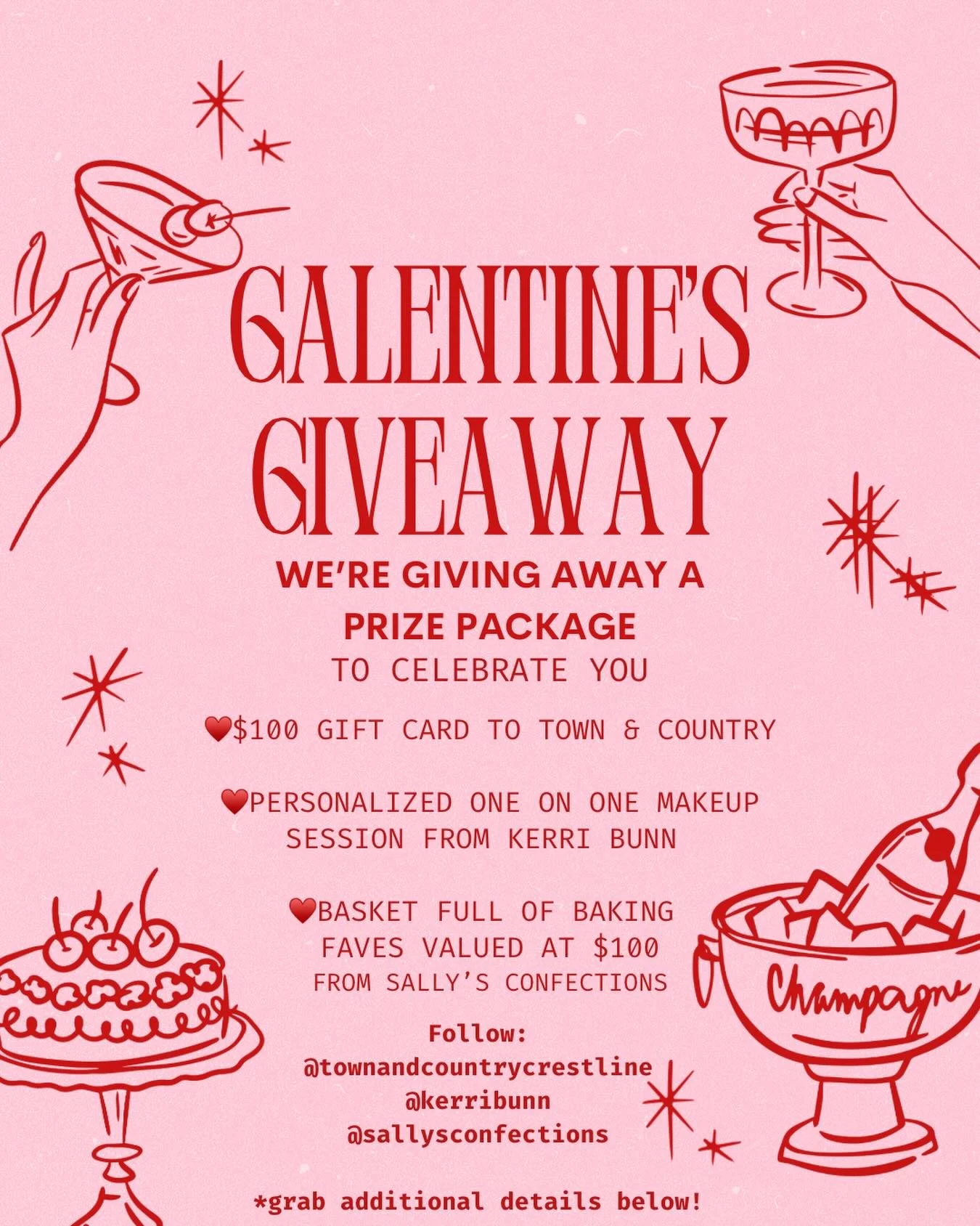 💗GALENTINE&rsquo;S GIVEAWAY💗 
Can&rsquo;t make it to our Galentine&rsquo;s event? We&rsquo;ve got you covered 🥂✨ We&rsquo;re teaming up to gift one lucky winner the sweetest little prize package!

🎁 ONE winner will receive:
&bull; $100 Town &amp;