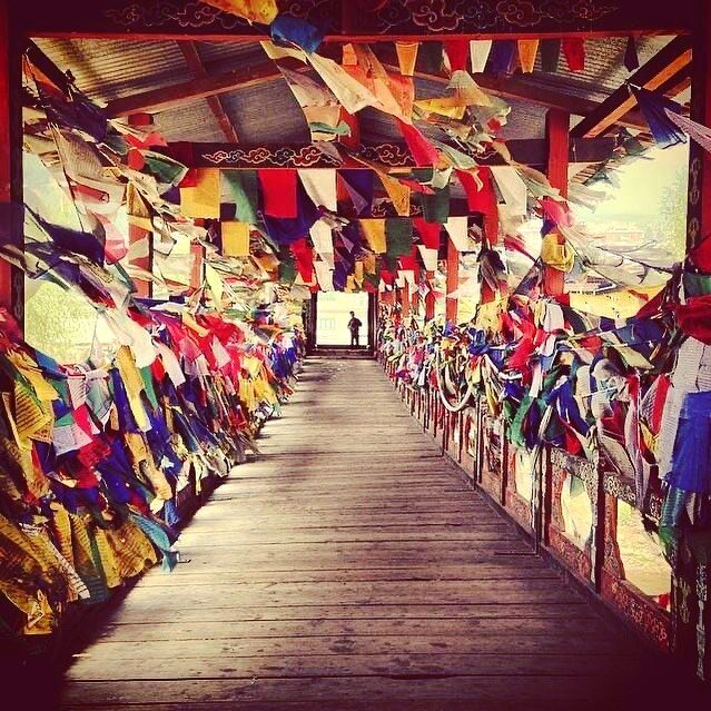 Prayer flags on the traditional cantilever bridge in Thimphu.