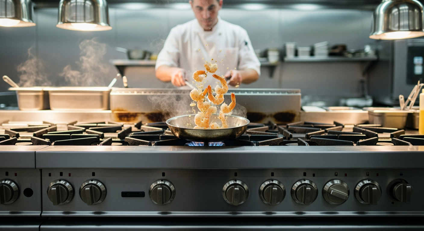 Chef cooking shrimp in a pan on a commercial stove in a professional kitchen.