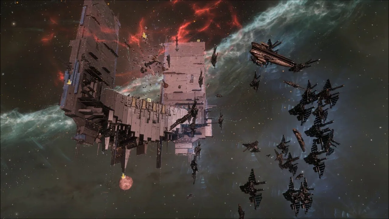 Screenshot of ships attacking keep star 9-4RP2, a staging center to stock provisions and hold a position. This was the scene of over 6000 players participating in a single battle. This youtube link shows it in all its glory.