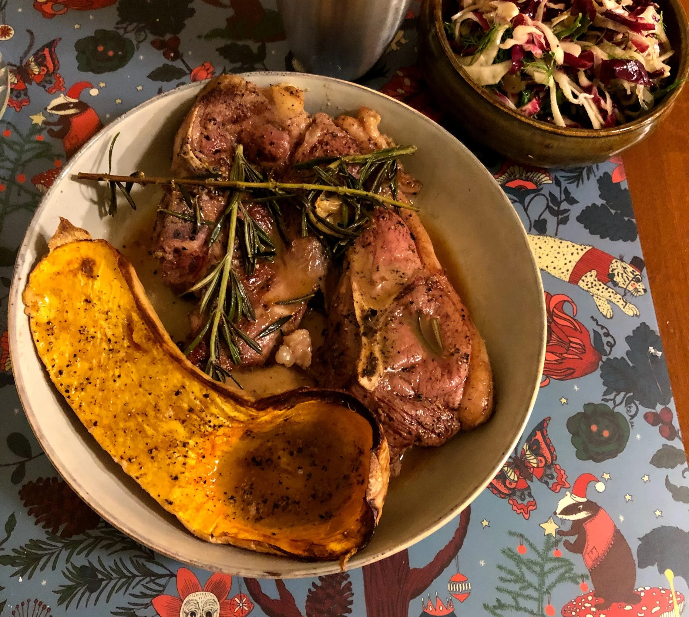 Lamb chop, roast butternut squash, and radicchio fennel salad.