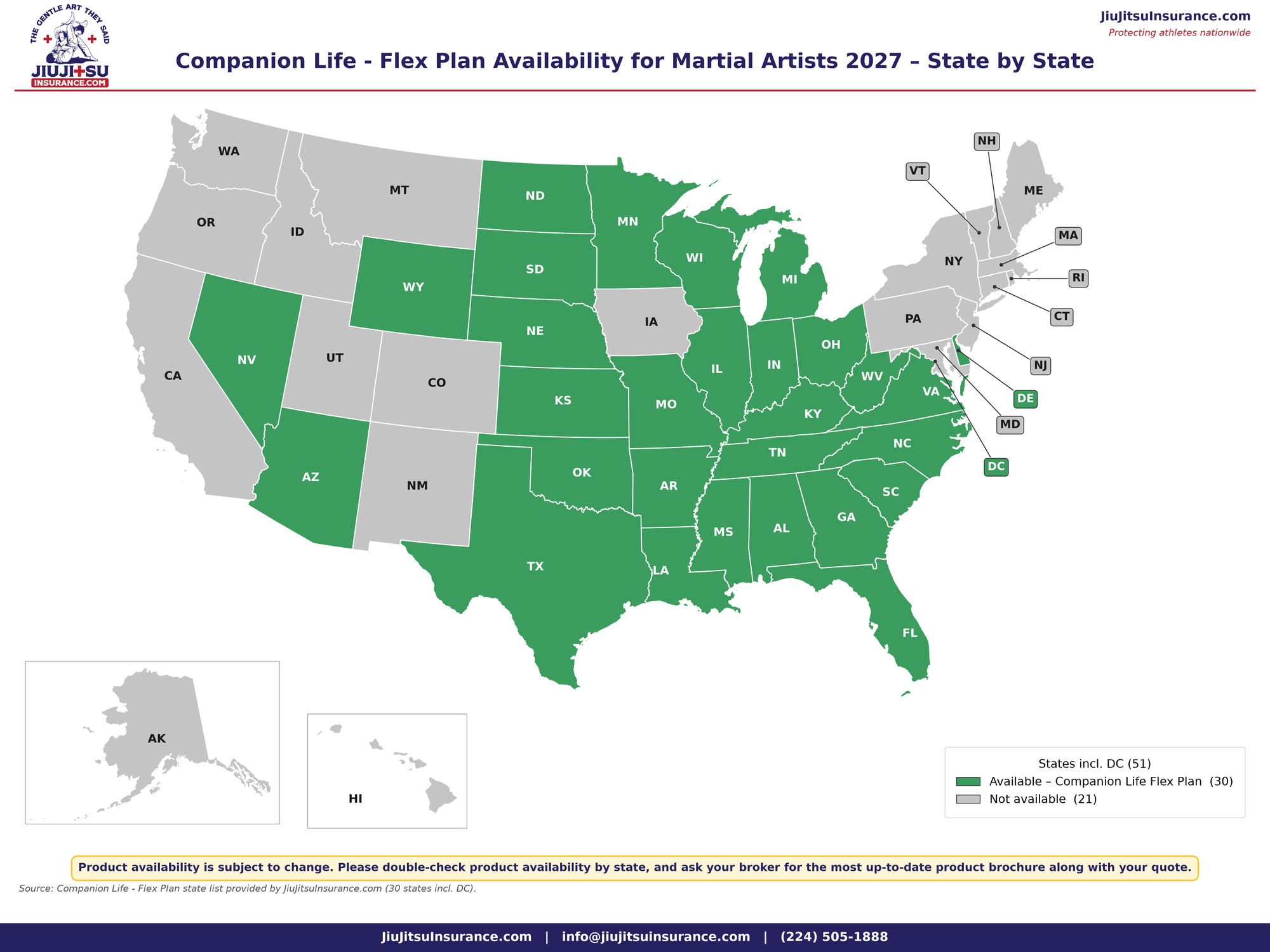 Map: Companion Life Flex Plan availability for martial artists, 2027, state by state