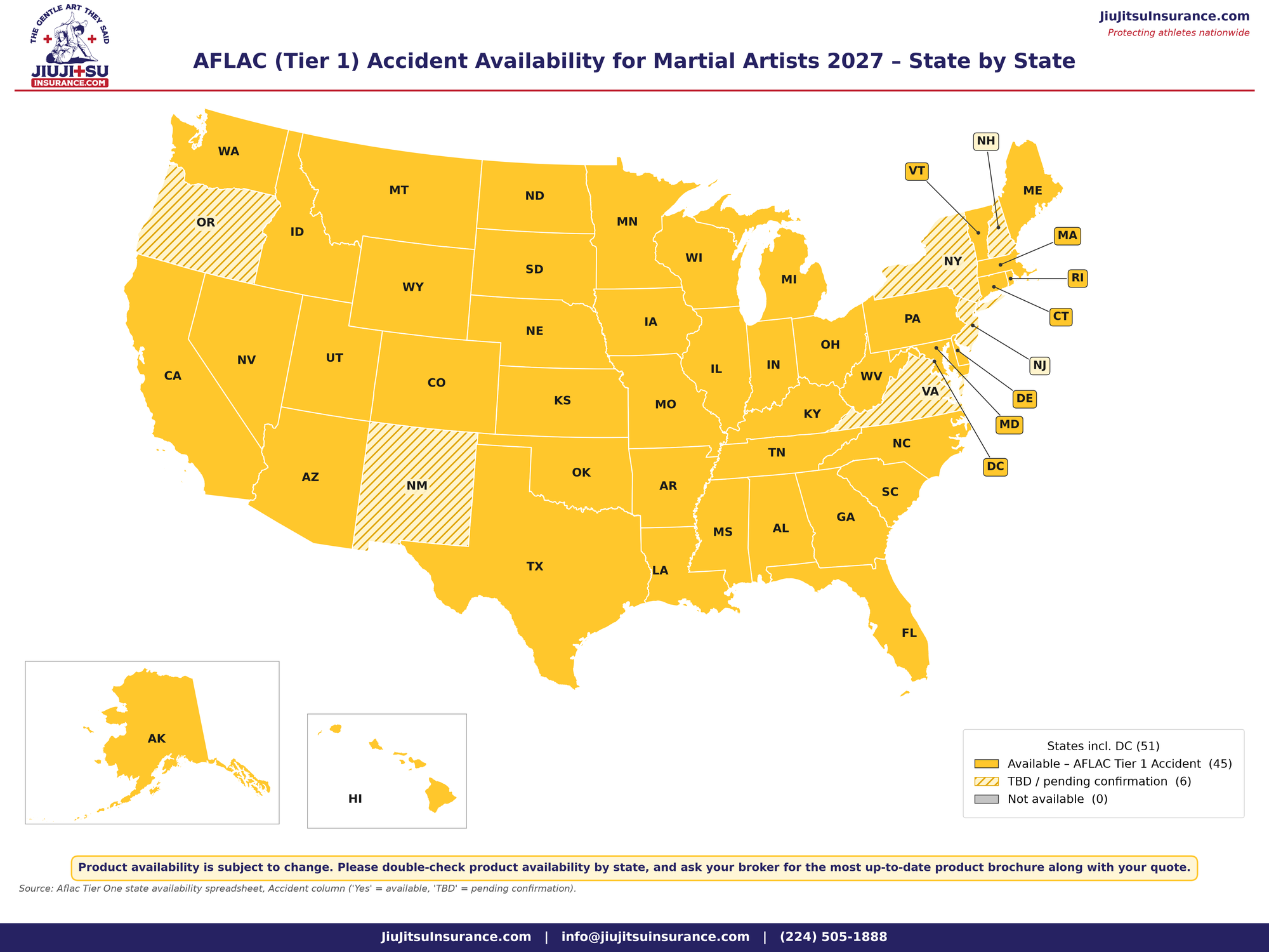Map: AFLAC Tier One Accident availability for martial artists, 2027, with pending states hatched