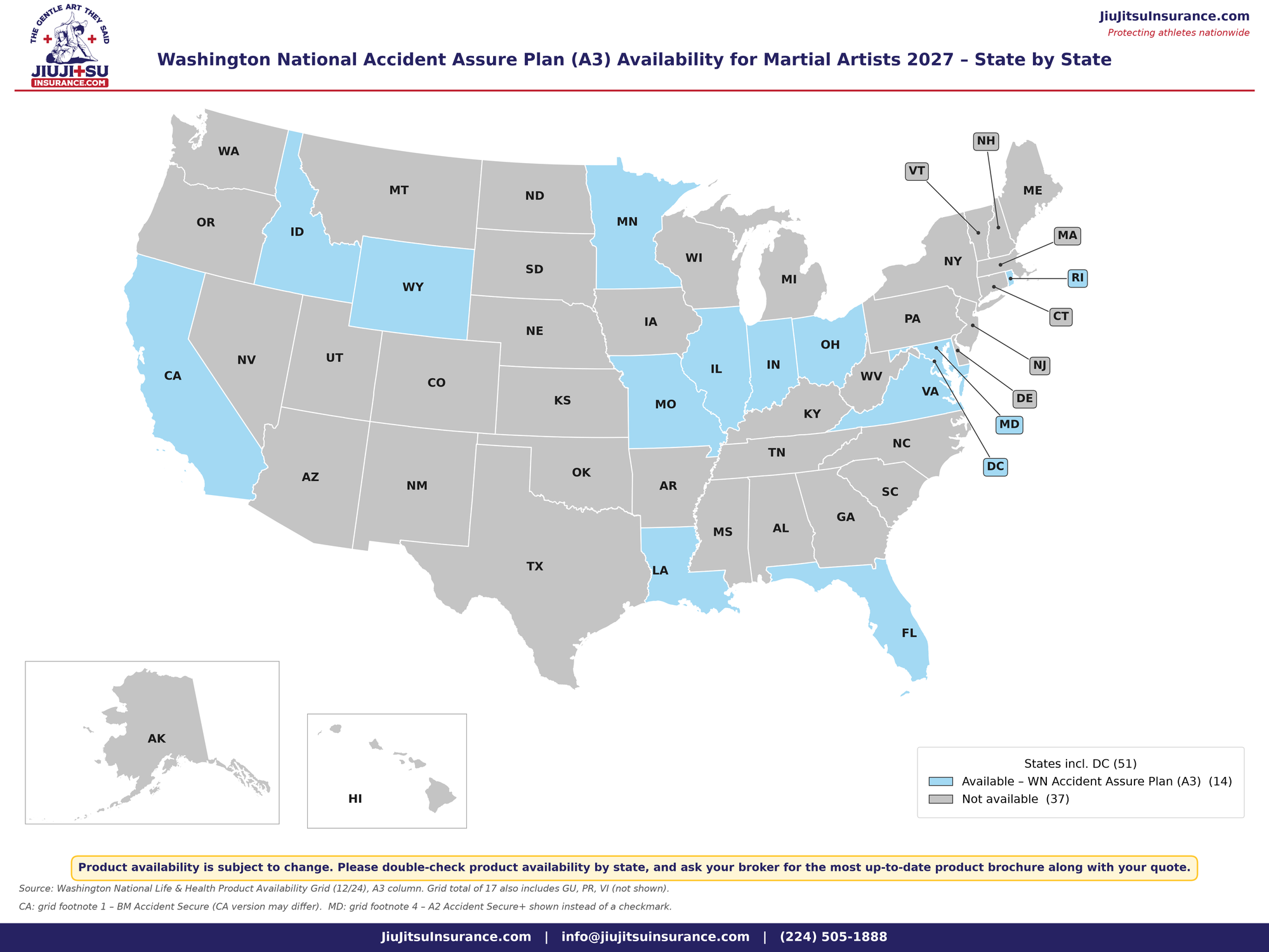 Map: Washington National Accident Assure Plan (A3) availability for martial artists, 2027