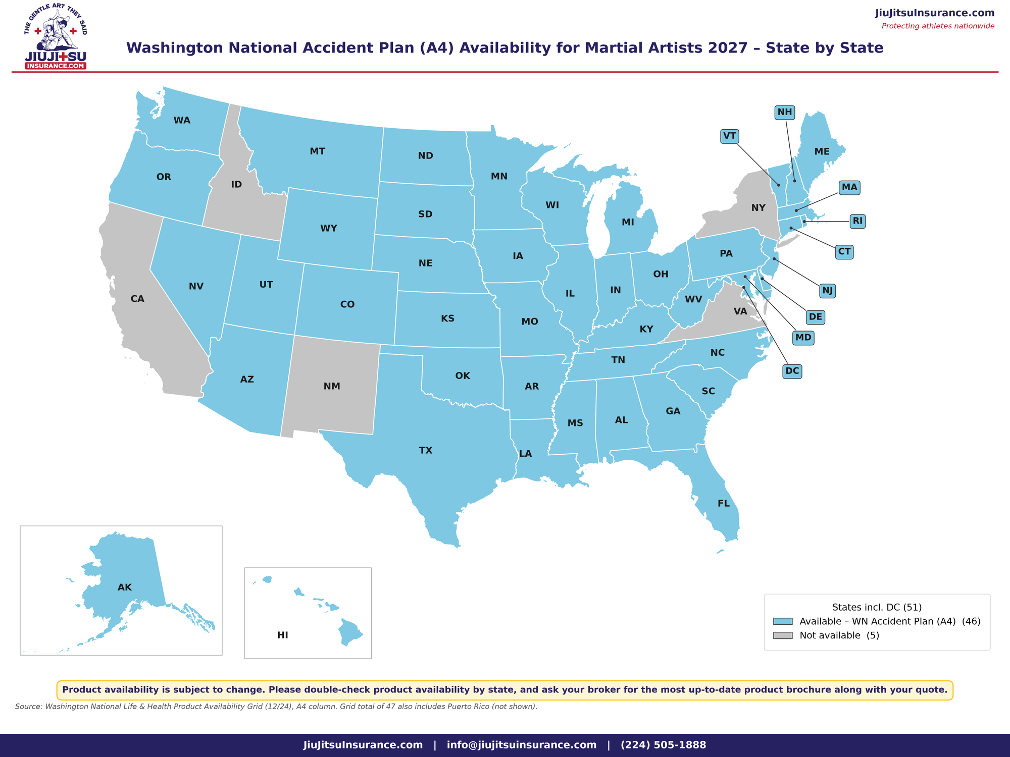Map: Washington National Accident Plan (A4) availability for martial artists, 2027