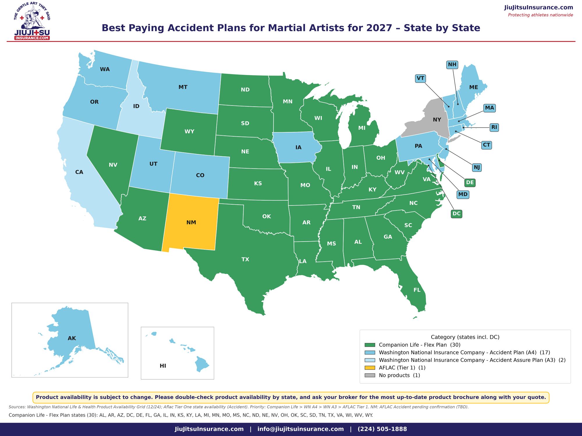 Map: Best Paying Accident Plans for Martial Artists for 2027 – State by State, showing the top available plan in each state