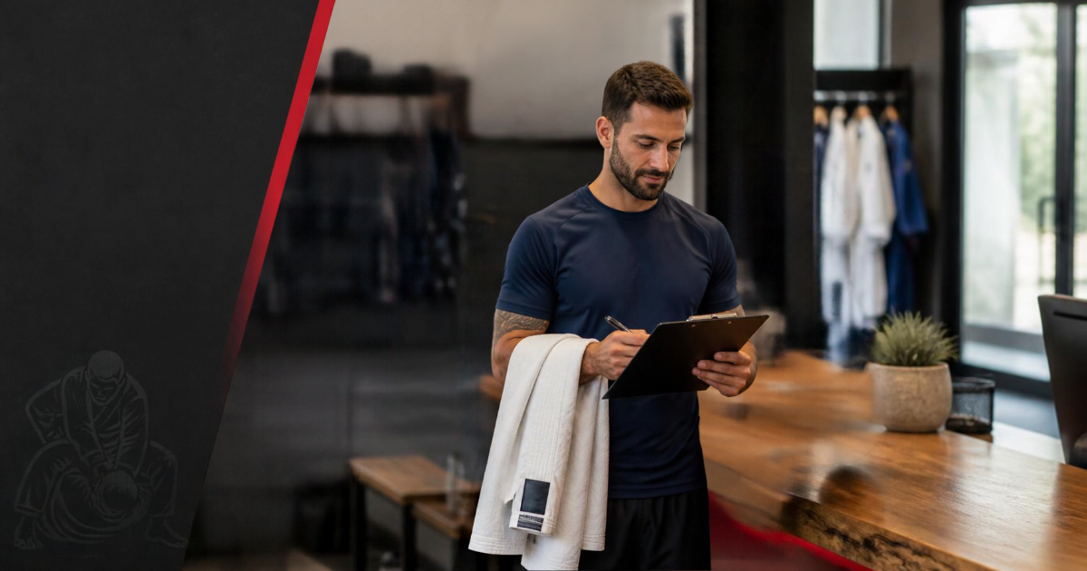 Adult beginner reading a jiu-jitsu gym waiver that asks for proof of insurance
