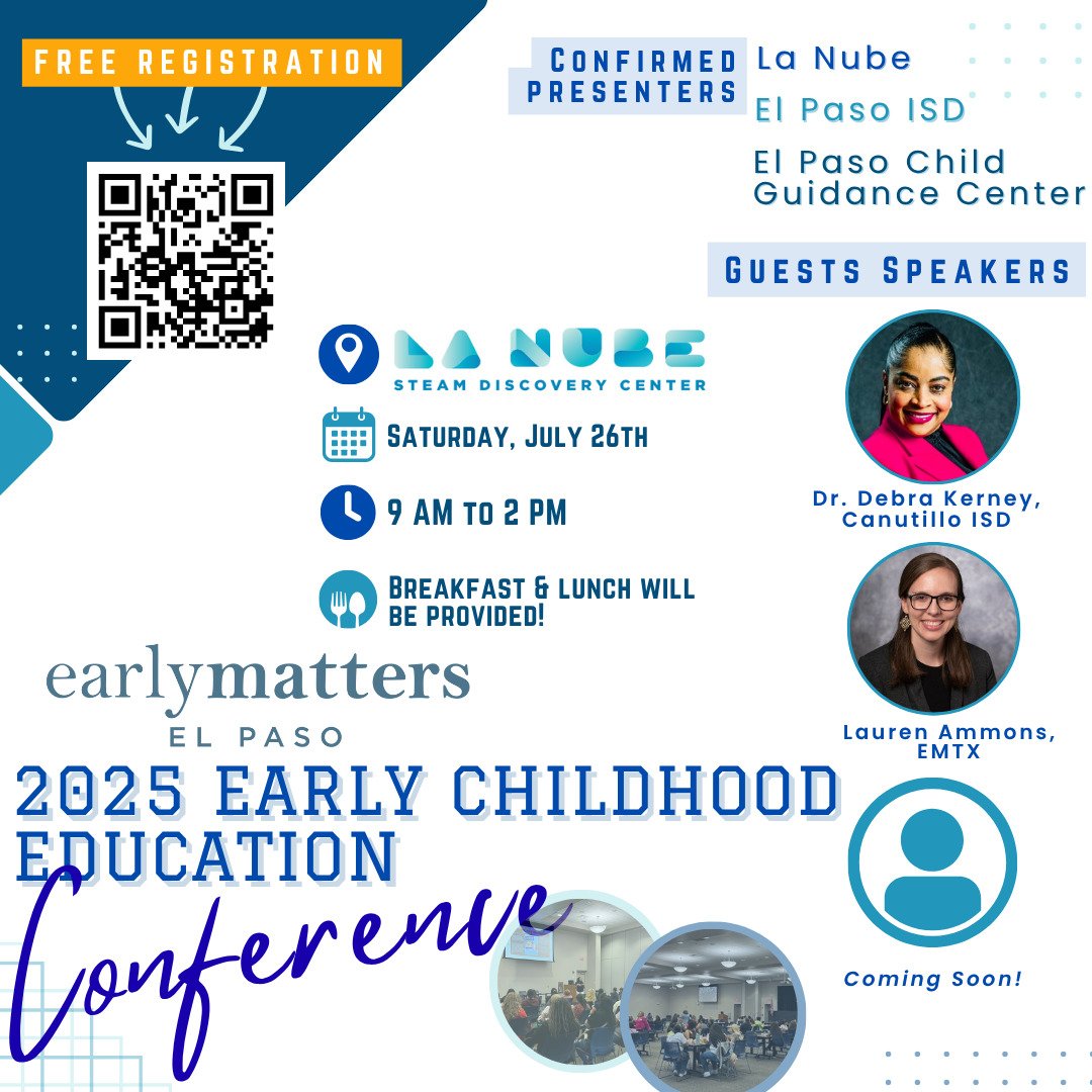 📣 Registration is NOW OPEN! 🎉
Join us for the 2025 Early Matters El Paso Early Childhood Education Conference! A FREE day of learning, networking, and inspiration for all early childhood educators! 💡✨

📍 La Nube
🗓 Saturday, July 26, 2025
🕘 9 AM