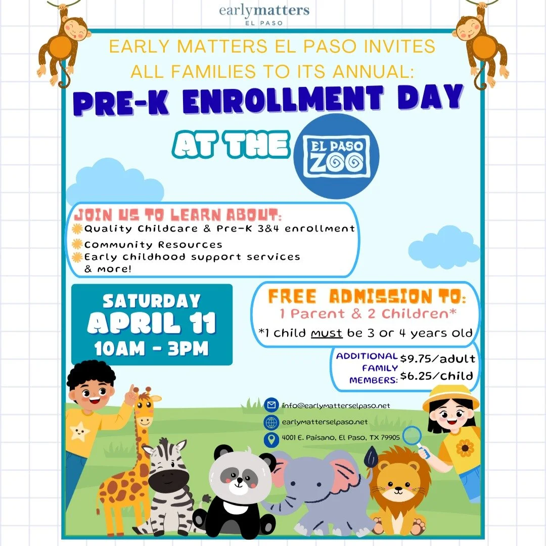 🎉 Join us for Pre-K Enrollment Day at the Zoo! 🐘🦁

Early Matters El Paso invites all families to a fun and informative day where you can learn about quality childcare, Pre-K enrollment, community resources, and early childhood support services all