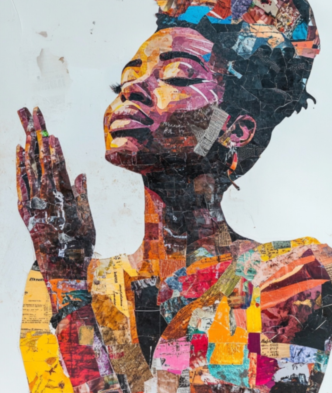 A collage-style mural of a woman with her eyes closed, lipstick, and earrings, with her hand near her face, made from various colorful torn paper pieces.