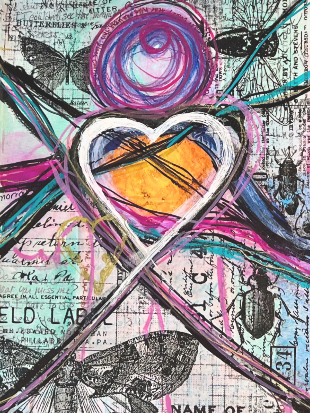 Mixed media artwork featuring a layered collage with handwritten text, sketches of butterflies and insects, and a vibrant abstract heart with swirling patterns and bright colors.