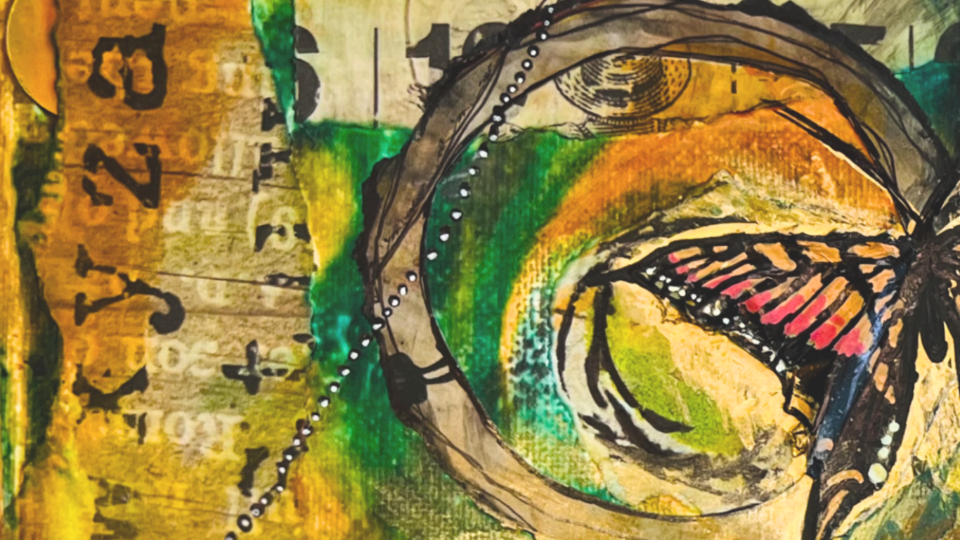 A colorful abstract painting featuring a large orange and black butterfly with pink accents on its wings, surrounded by swirling green, yellow, and orange hues, and layered with newspaper or printed paper textures.