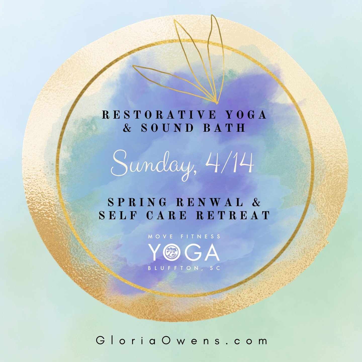 Last call for a two hour Spring renewal mini retreat - Restorative Yoga &amp; Sound Bath - on Sunday 4/14 from 4-6pm @movefitnessbluffton! We'll release layers of tension in the body with passive Restorative Yoga poses, deep breathing and relaxation 