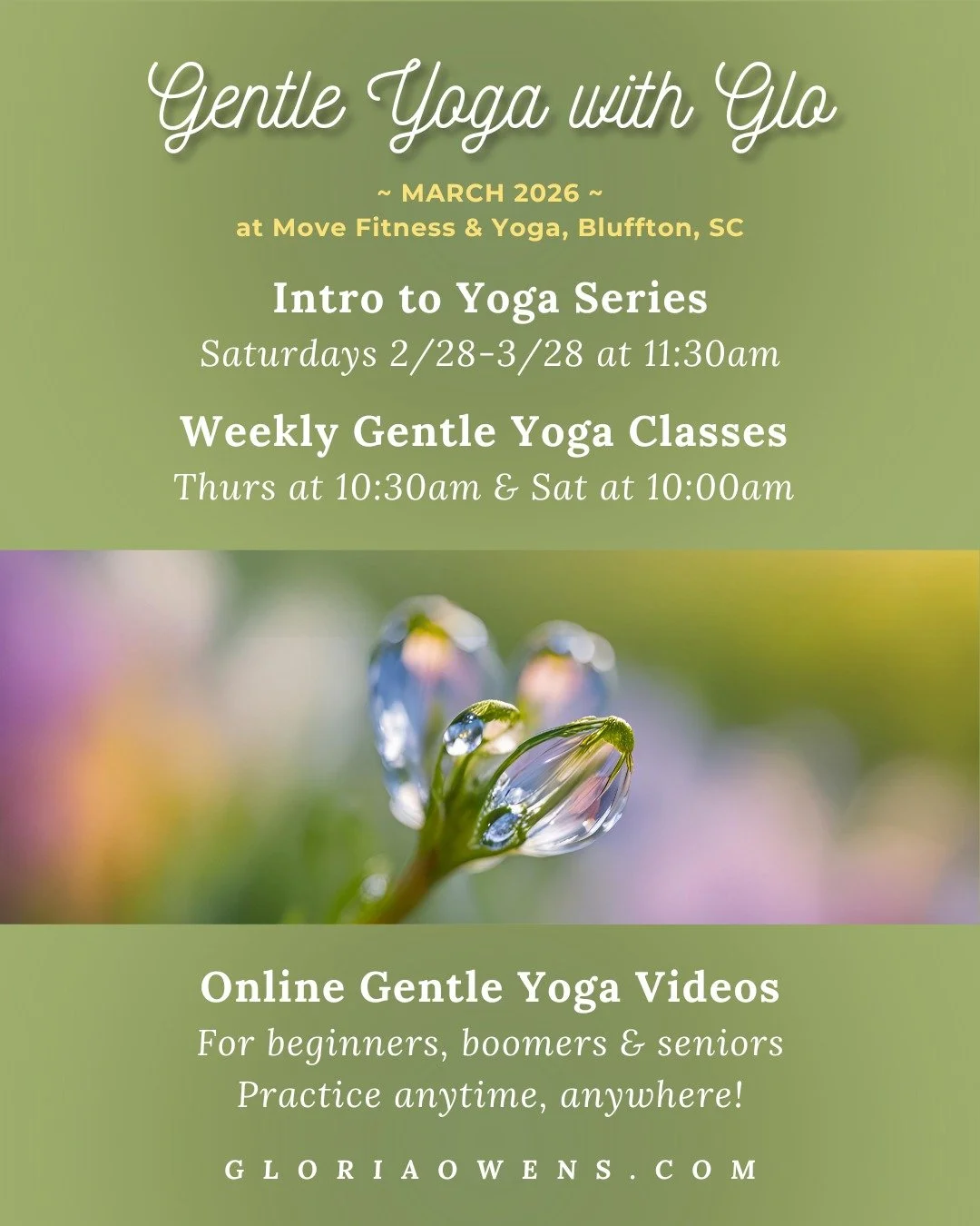 GENTLE YOGA WITH GLO, NEWS:
It's a perfect time to cultivate well-being, especially if your "winter" has felt overwhelming -- physically, mentally or emotionally. Gentle Yoga somatic movement and meditation are a few of my favorite ways to 