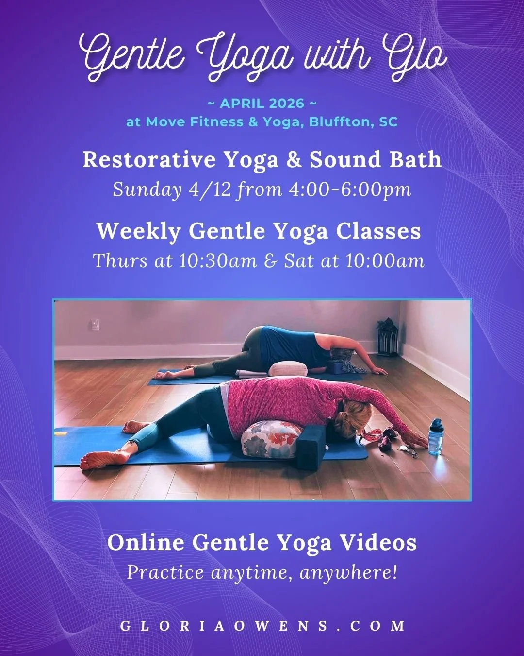 Spring renewal is on the calendar for this month! Here are my latest classes and workshops:

RESTORATIVE YOGA &amp; SOUND BATH
with Gloria Owens &amp; Beth Donovan
Sunday, 4/12 at 4pm @movefitnessbluffton 
Only a few spots left! 
Registration link in