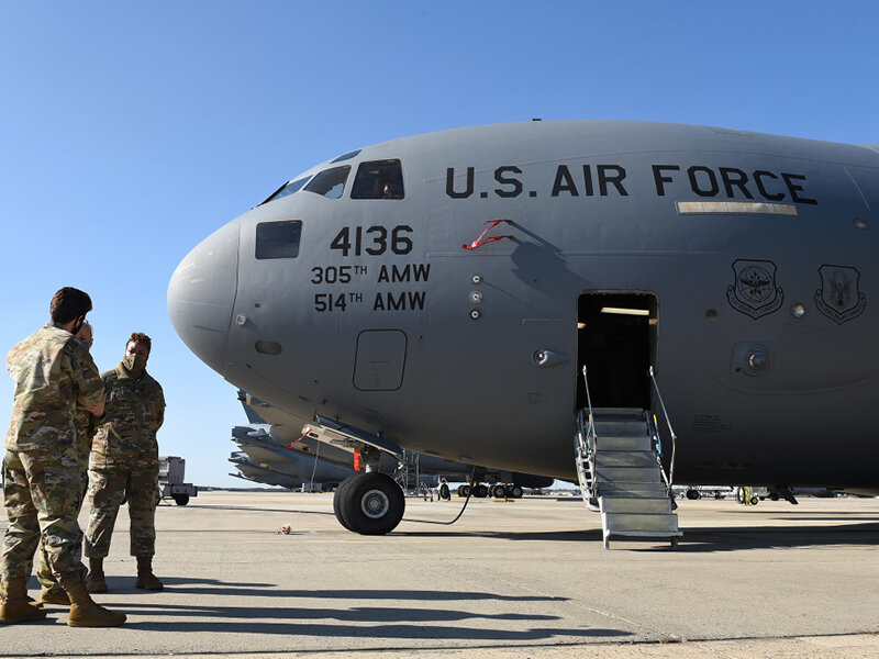 US Air Force plane at McGuire Air Force Base, part of Joint Base McGuire-Dix-Lakehurst (JBMDL), is located in New Jersey