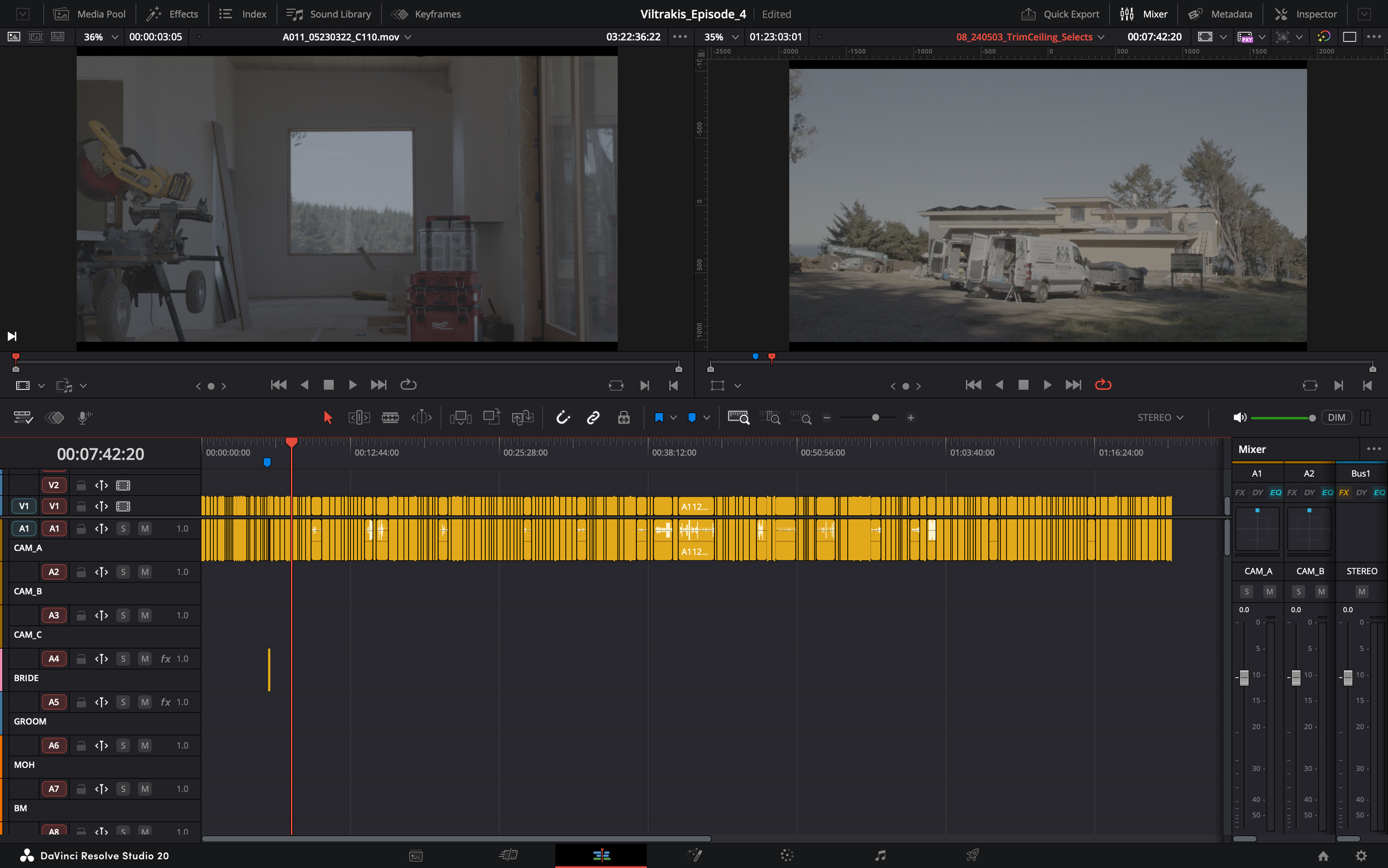 Video editing software screen showing two video clips, one of an indoor room with a window and construction tools, and another of an outdoor scene with a house and several vehicles. The timeline shows audio and video tracks with numerous edits.