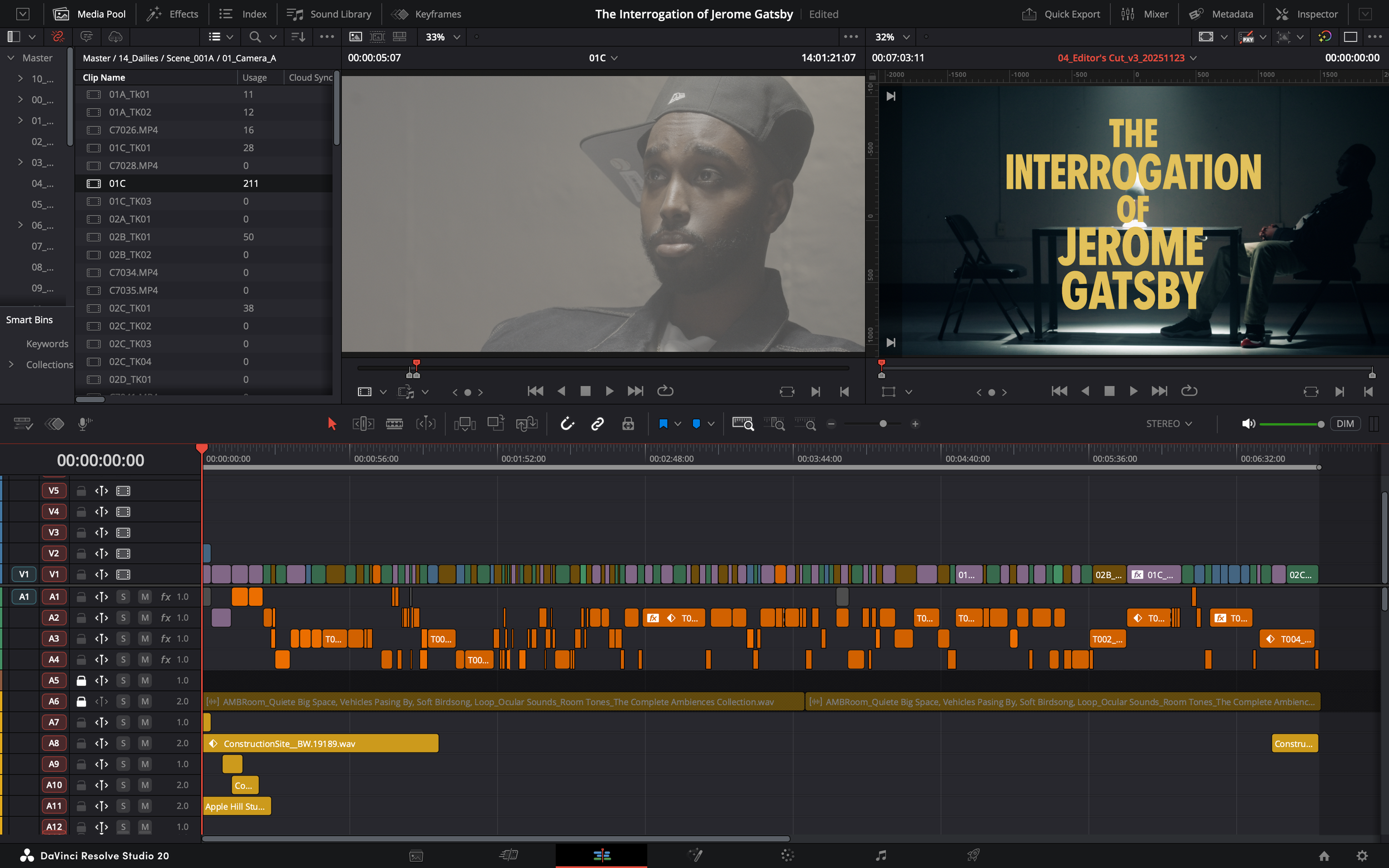 Screenshot of video editing software showing two scenes from a production of 'The Interrogation of Jerome Gatsby.' One scene features a young man with a beard and cap, looking serious. The other scene displays the title in bold yellow text with a sil