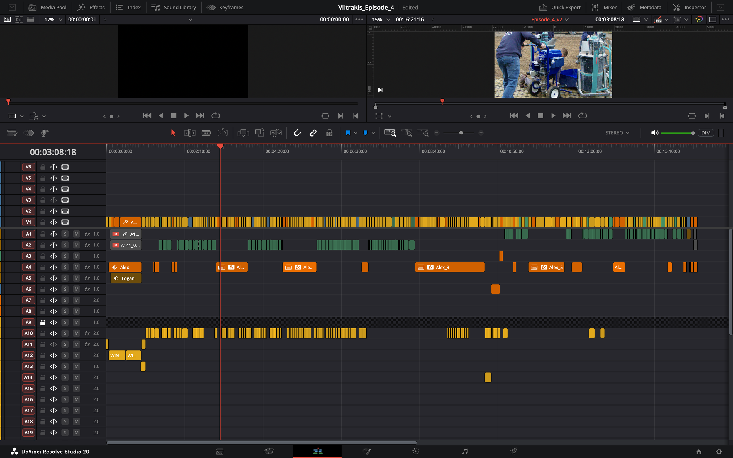 Video editing software screenshot showing a scene of a person operating a blue cart and equipment outdoors. The timeline contains multiple tracks with various clips and audio elements.