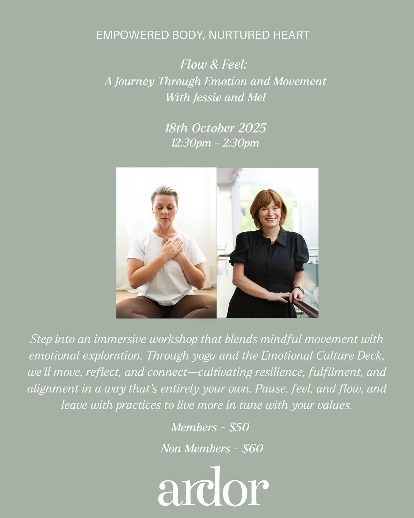 Pause, feel, and flow 🤍

Join us for a workshop that blends movement with emotional exploration, helping you reconnect, reflect, and leave more in tune with your values. Your way. Your pace ✨

18th October 2025
12:30pm - 2:30pm 

Members $50
Non mem