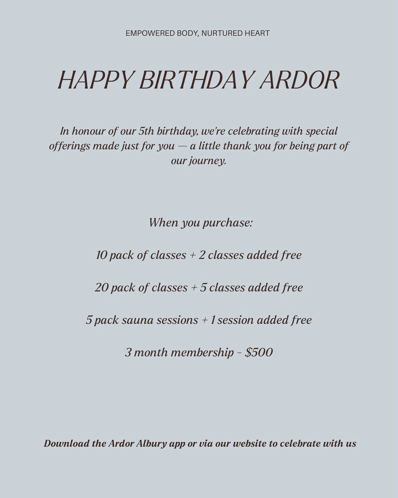 In honour of our 5th birthday, we&rsquo;re celebrating you - our wonderful Ardor community 💛

Each day, it&rsquo;s a privilege to move, breathe and grow alongside you. The warmth, connection and energy you bring into our space make Ardor what it is.