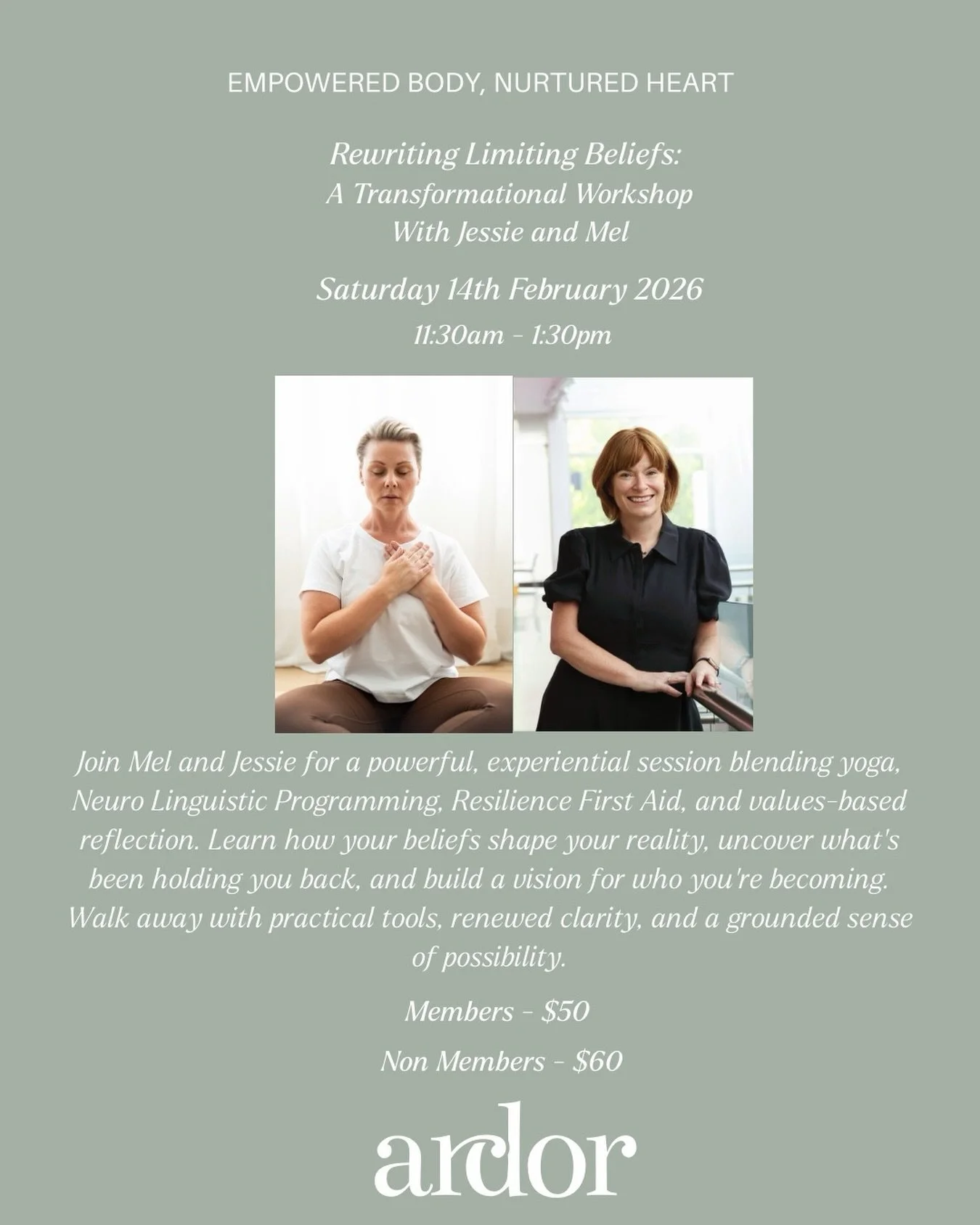 Join Mel &amp; Jessie this Valentine&rsquo;s Day in a Transformational Workshop 💫 

Blending Yoga with Neuro Linguistics Programming to Rewrite Your Limiting Beliefs. 

Bookings essential, with limited spots available 💛 

Members $50 ~ Non Members 
