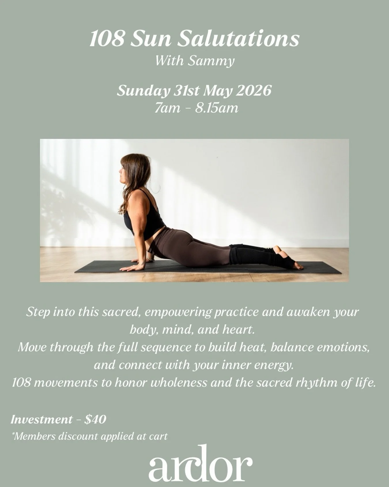 🍂✨ 108 Sun Salutations ✨🍂

As we close out Autumn and prepare to welcome a new season, join us for a powerful moving meditation of 108 Sun Salutations.

This traditional practice offers an opportunity to build strength and endurance, cultivate focu